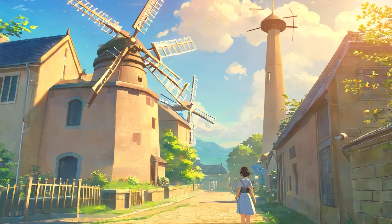 17th century European style,Blue sky,There are white clouds in the sky,Underground is Dutch architecture,There are big windmills,Landscape photos,There is no one in the field of vision,Masterpiece,8K