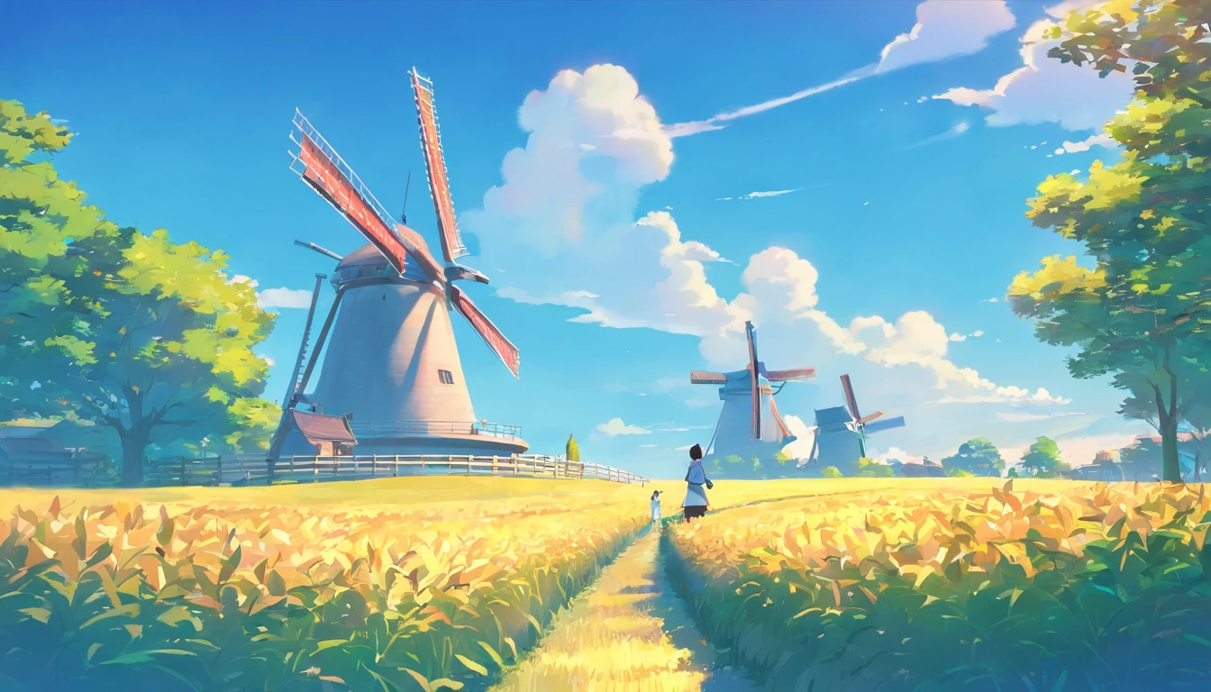 17th century European style,Blue sky,There are white clouds in the sky,Underground is Dutch architecture,There are big windmills,Landscape photos,There is no one in the field of vision,Masterpiece,8K