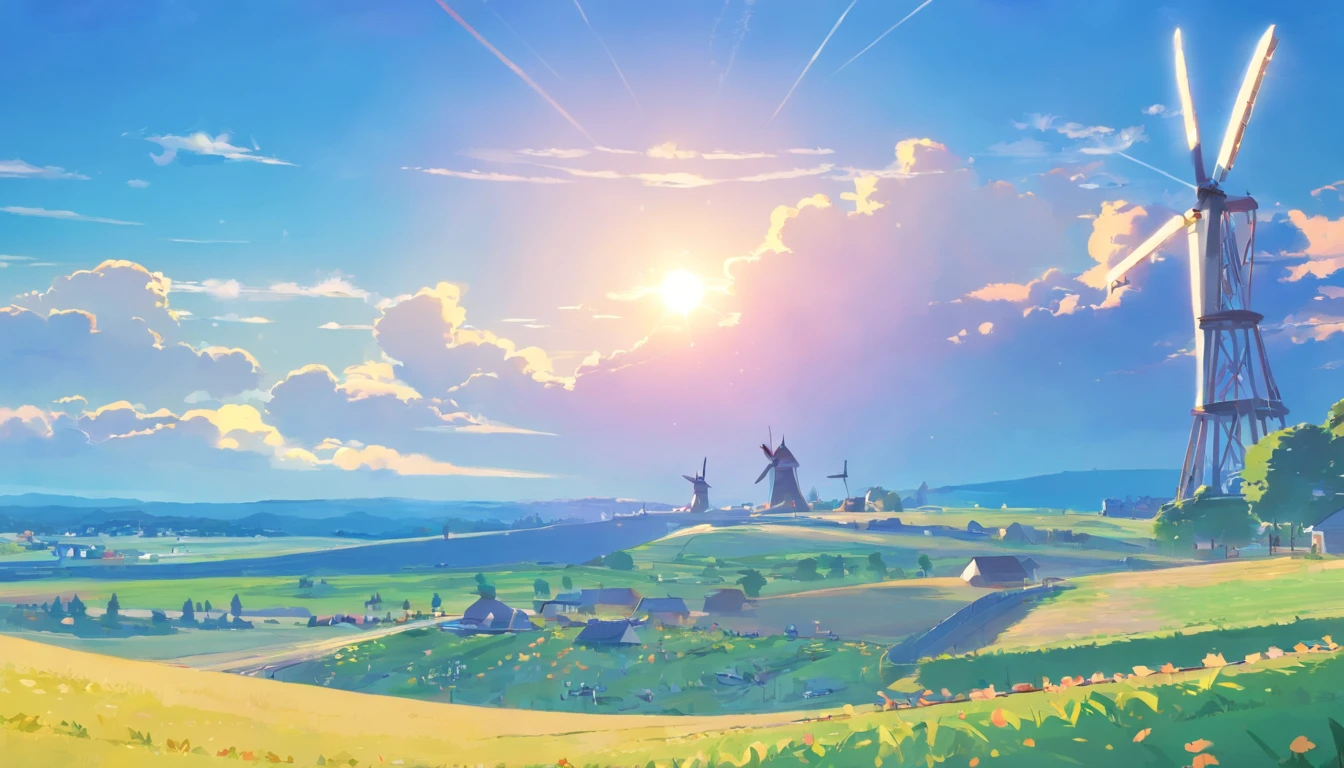 17th century European style,Blue sky,There are white clouds in the sky,Underground is Dutch architecture,There are big windmills,Landscape photos,There is no one in the field of vision,Masterpiece,8K