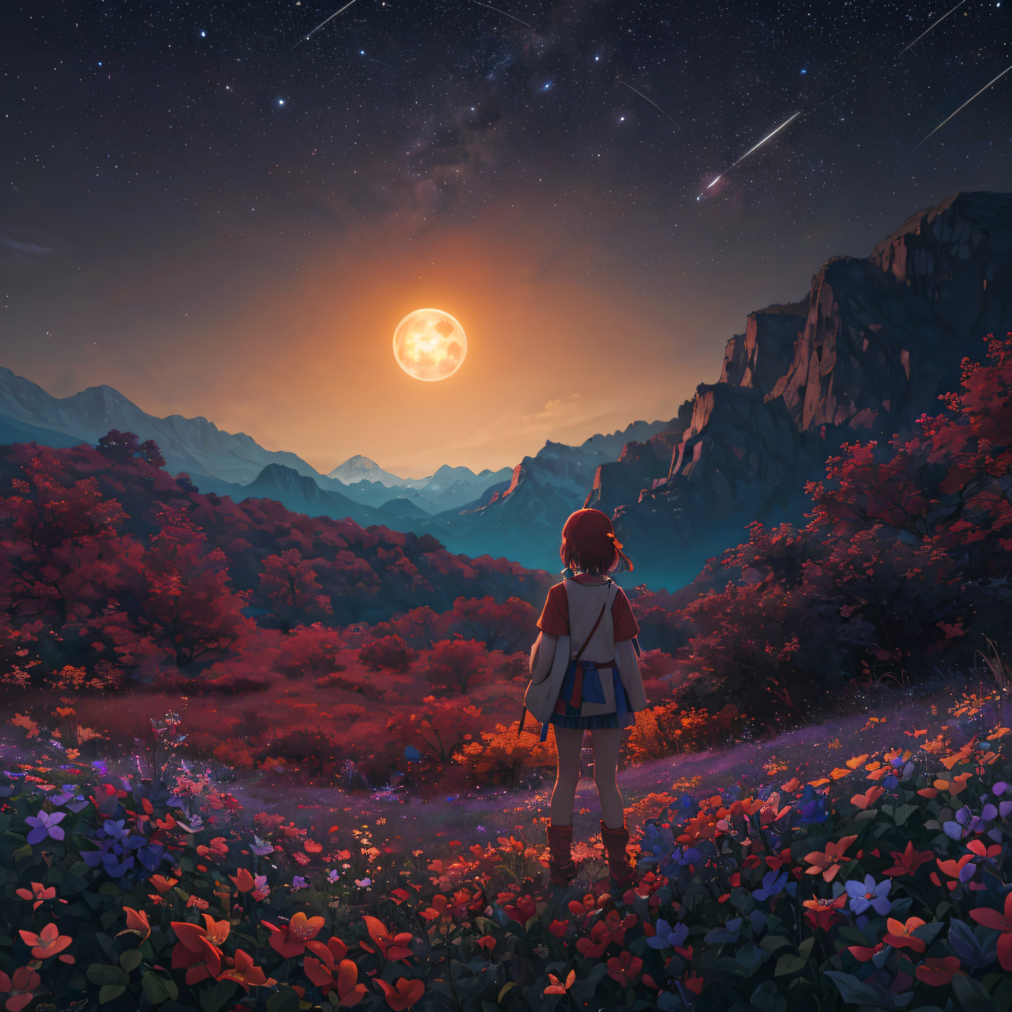 Expansive landscape photograph, (view from below with a view of the sky and wilderness below), girl standing in a flower field looking up, (full moon: 1.2), (shooting star: 0.9), (nebula: 1.3), distant mountain, tree break production art, (warm light source: 1.2), (firefly: 1.2), lamp, purple and orange, intricate detail, volume lighting, realism break (masterpiece: 1.2) (Best Quality), 4K, Ultra-Detailed, (Dynamic Configuration: 1.4), Highly Detailed and Colorful Details, (Iridescent Colors: 1.2), (Glowing Lighting, Atmospheric Lighting), Dreamy, Magical, (Solo: 1.2)