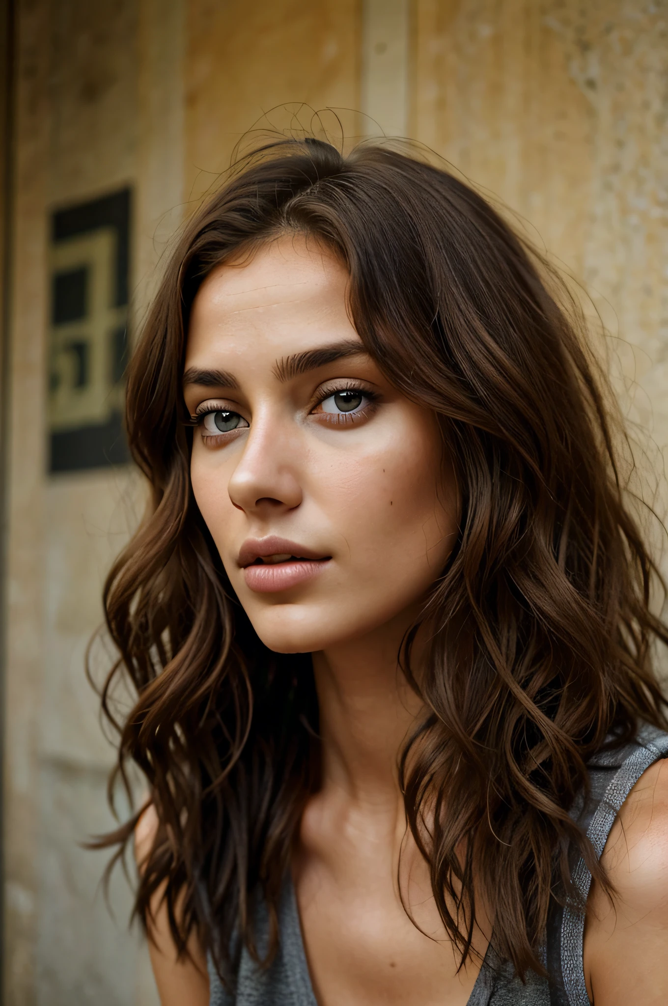 1Fille 23 ans, seulement, cheveux longs, style skateuse, brown curly hair, yeux bruns verts ,  Realstic, nez fin, big lip but not too big, un visage magnifique, un regard profond, French Moroccan Origin