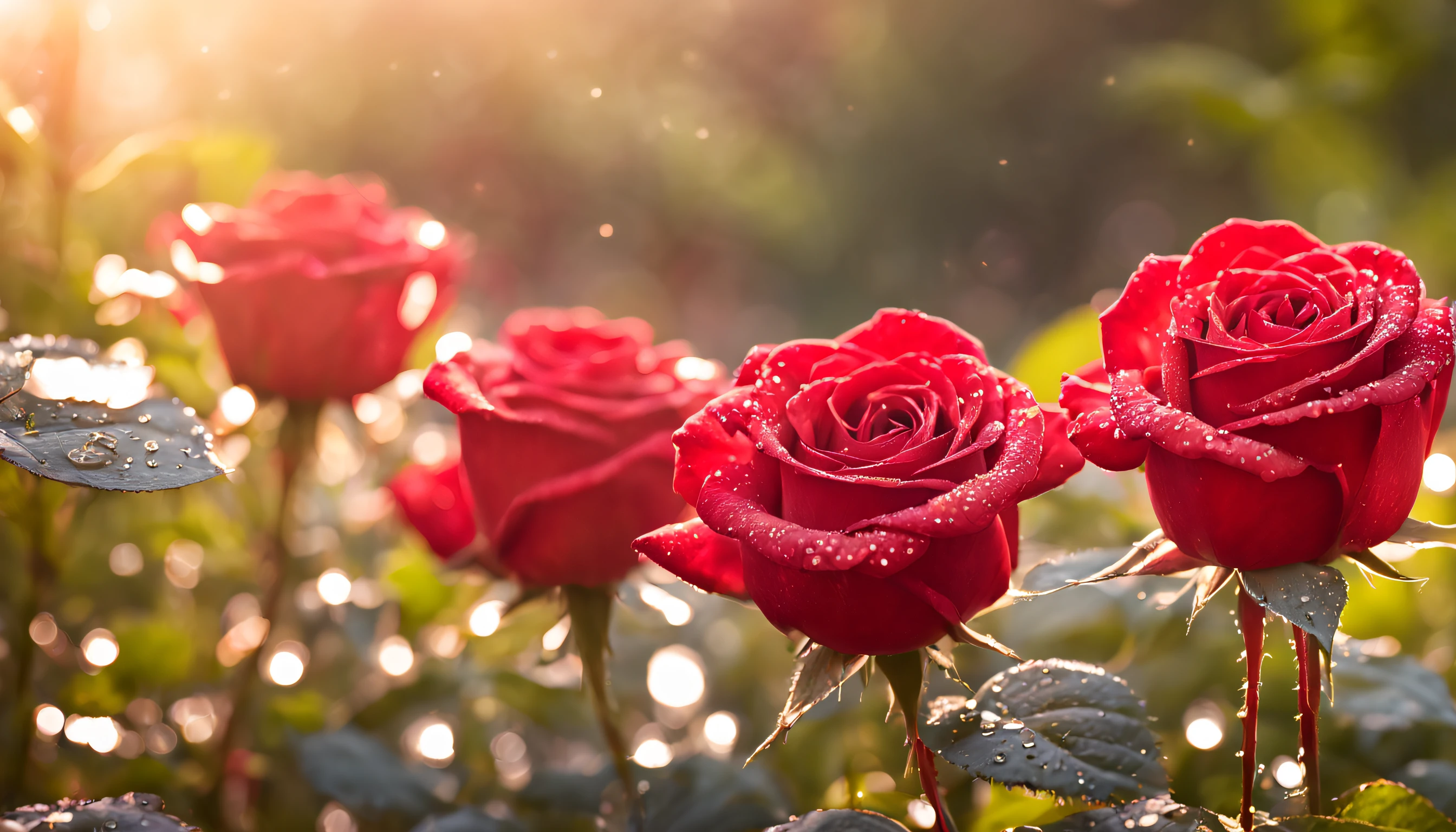 Many red rose flowers in the garden and sunlight with bokeh, dew drops on flower petals (masterpiece, ultra quality, high resolution, 8k, intricate: 1.2), (masterpiece), (best quality:1)