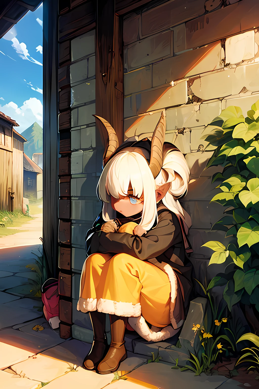 1ramgirl, fluffy white hair, eyes covered with hair, ram horns, cute, poor village, delinquent, yellow blue eyes, dirty clothes, medieval, homeless, brown ripped shirt