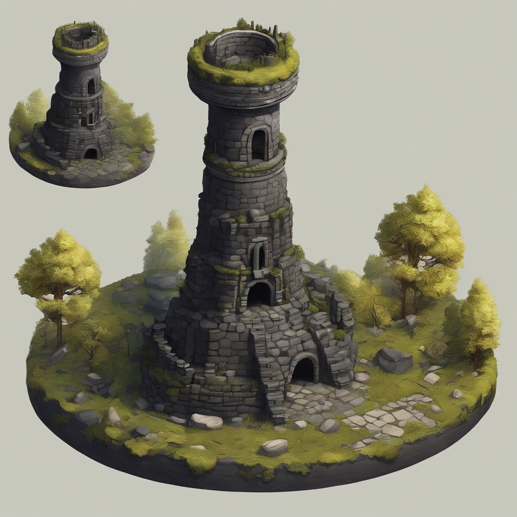Absurder, Best Quality, Fantasy, isometry, Kneeling style (Miniature round tower made of mossy black basalt stones:1.2), gnarled, dry, blackened trees, Forged ornate fence rusty with time, (Simple background:1.2)