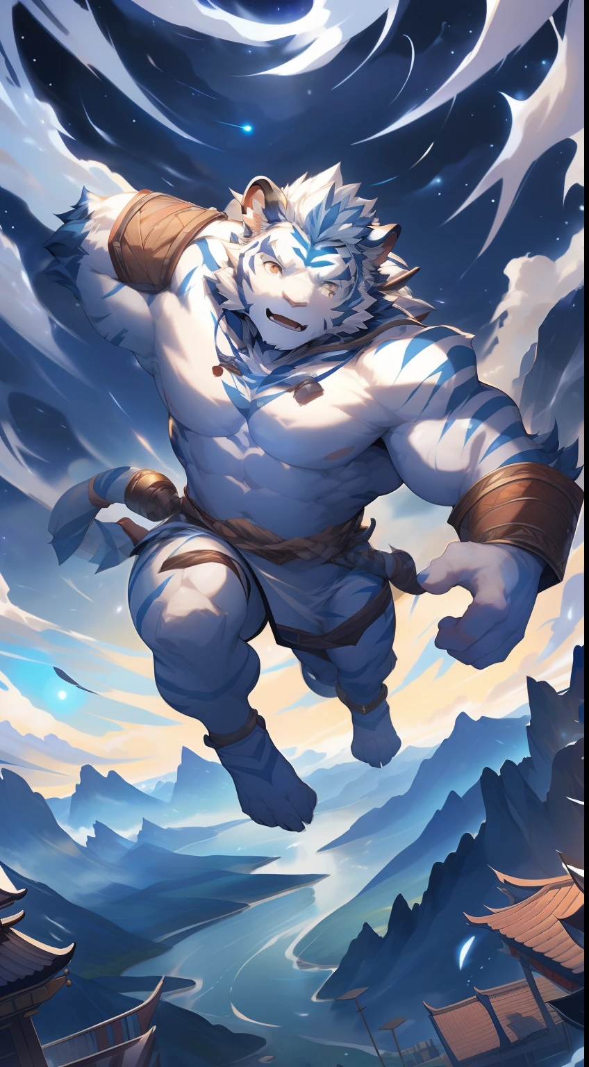 (by null-ghost, by thebigslick, By Darkgem, by Honovy), Kogenta (Onmyoji Oyamaji Temple), high-definition photograph, Perfect anatomy, Anthropomorphic white tiger, male people, 20yr old, god of thunder, Thick eyebrows, Light blue stripes, Strong body, large pecs, Pink milk clusters, He floats in the air, Wearing a flowing white Hanfu, White clouds surrounded him, one arm raised, Summon thunderbolts,(In the valley at night:1.5), Serious expressions, Be red in the face, Golden pupils, Look down on the Earth, Clear facial features, Strong, Solo, Bottom-up perspective, Electric currents,fog atmosphere, Clouds,upper sky