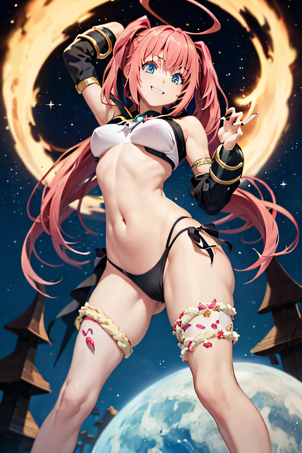 1Female、Tensei shitara slime datta ken(((Milim Nava))), King Lord demon、Milim Nava's masterpiece body、High Quality Bikini Armor、Black bikini armor、Accurate Milim Face、blue eyes、gaze evil、pink hair、two-tailed、Proud double tails、barefoot, medium feet, rounded toes ultra quality, ultra detailed, rounded nails painted in ultra detailed black nail polish、Average breasts、one smile、huge smile、big ahoge, full body photo, muscular belly, standing, in the universe holding planet earth, background full of stars and the sun