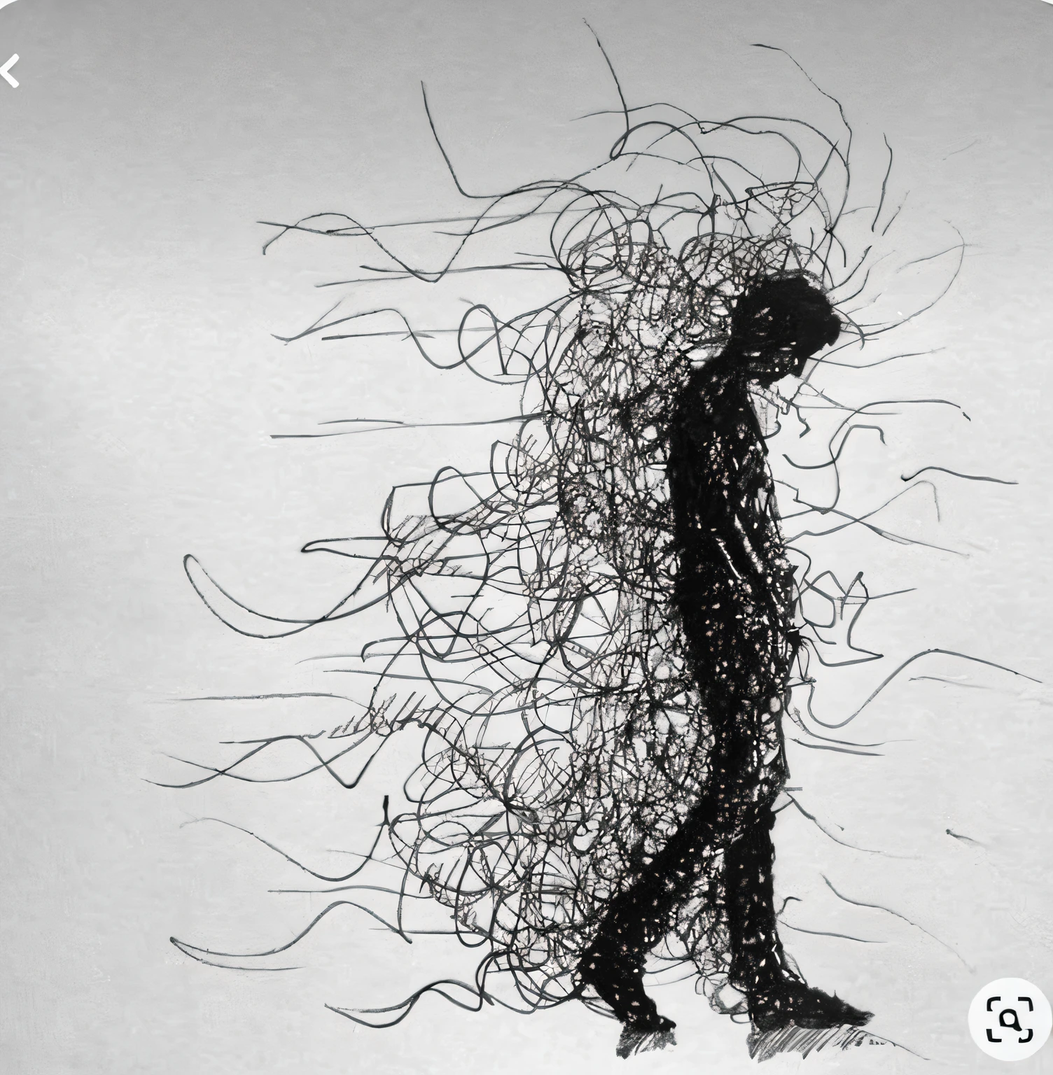 um close up de uma pessoa com um cabelo longo em um fundo branco, arte do rabisco, artistic drawing, desenho surreal, rabiscos estranhos, intricate charcoal illustration, arte do instagram, Artistic illustration, desenhos de esculturas de arame, silhueta humana fractal, cabelo escorrendo, scribble sketch, mulher feita de chamas negras, feito de arame, pencil doodle, estilo de desenho, desenho minimalista