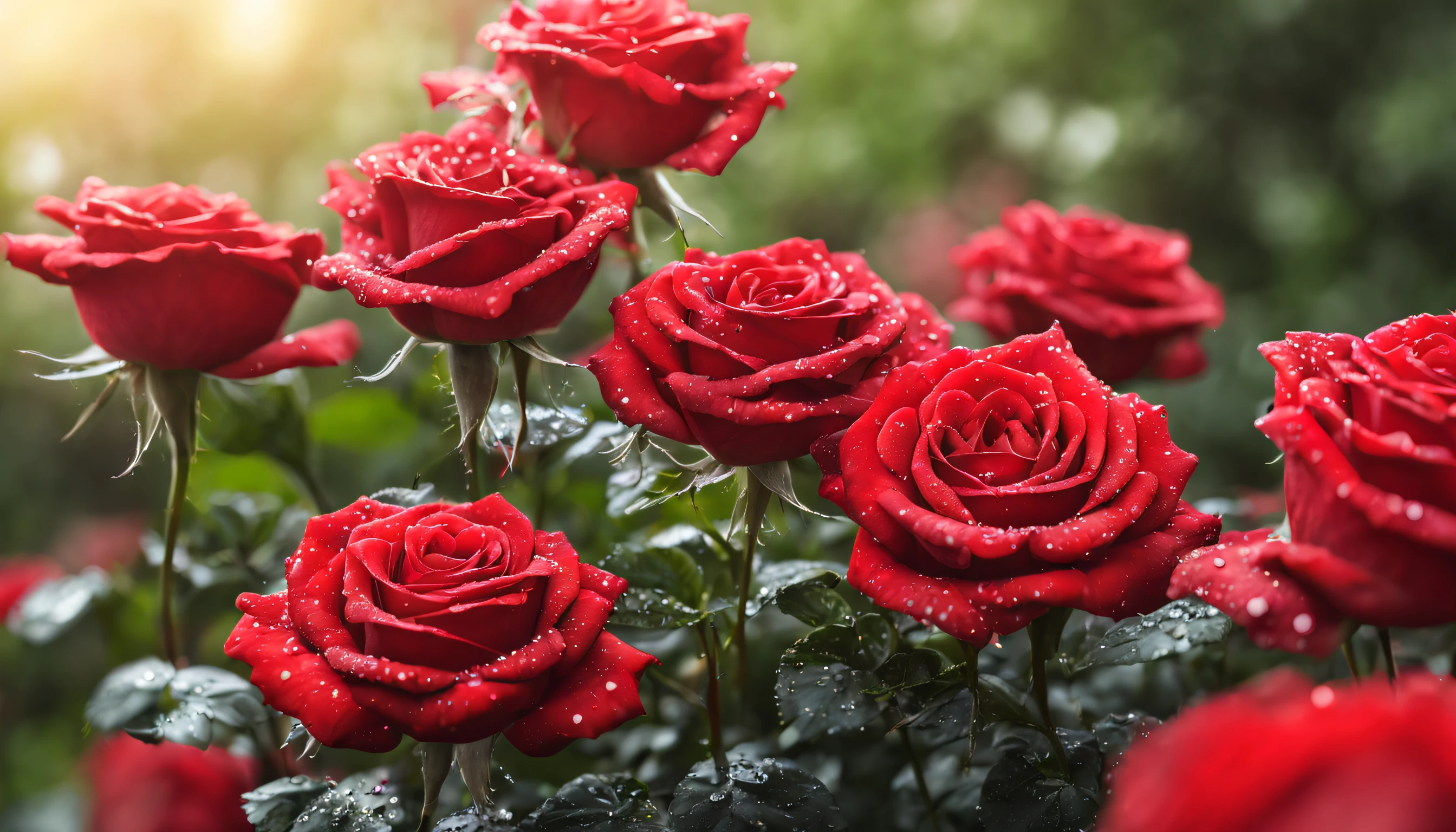 Many red rose flowers in the garden and sunlight with bokeh, dew drops on flower petals (masterpiece, ultra quality, high resolution, 8k, intricate: 1.2), (masterpiece), (best quality:1)