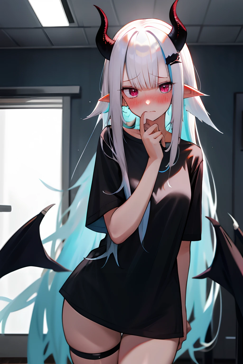 One girl with long hair, white hair, looking at viewer, embarrassed, blushing, indoor , oversized naked black t shirt, t shirt only, thigh, pointy ears, demon wings, demon king, demon horn