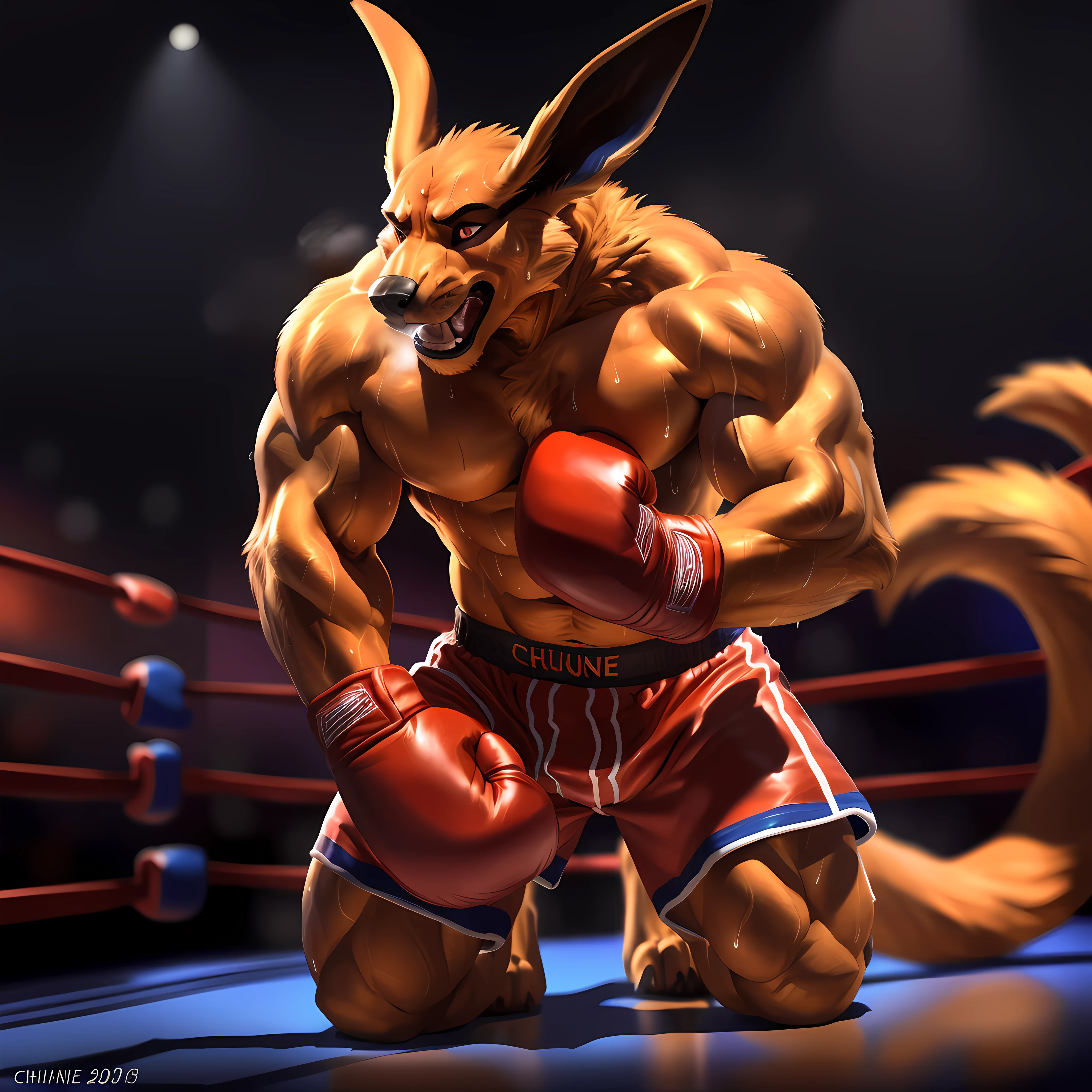 kurama, wearing boxing gloves, 4k, high resolution, best quality, posted on e621, solo, anthro body, male, adult, very masculine, (very muscular, very defined muscles, strong pectorals, large pecs, muscular arms, muscular legs, heavyweight:1.2), correct anatomy, (boxing ring background, dark background:1.0), (blurry background, out of focus background:1.3), (by wfa:0.6), (by spelunker_sal:0.6), (taran fiddler anatomy, chunie lighting:1.0), (red boxing trunks, red boxing gloves), (detailed eyes:1.2), (detailed shading, photorealistic shading, masterpiece:1.2), kneeling on floor, (sweat:1.4), open mouth, visible breath, exhausted, (arms lowered, arms down:1.1), angry eyes, furrowed brows