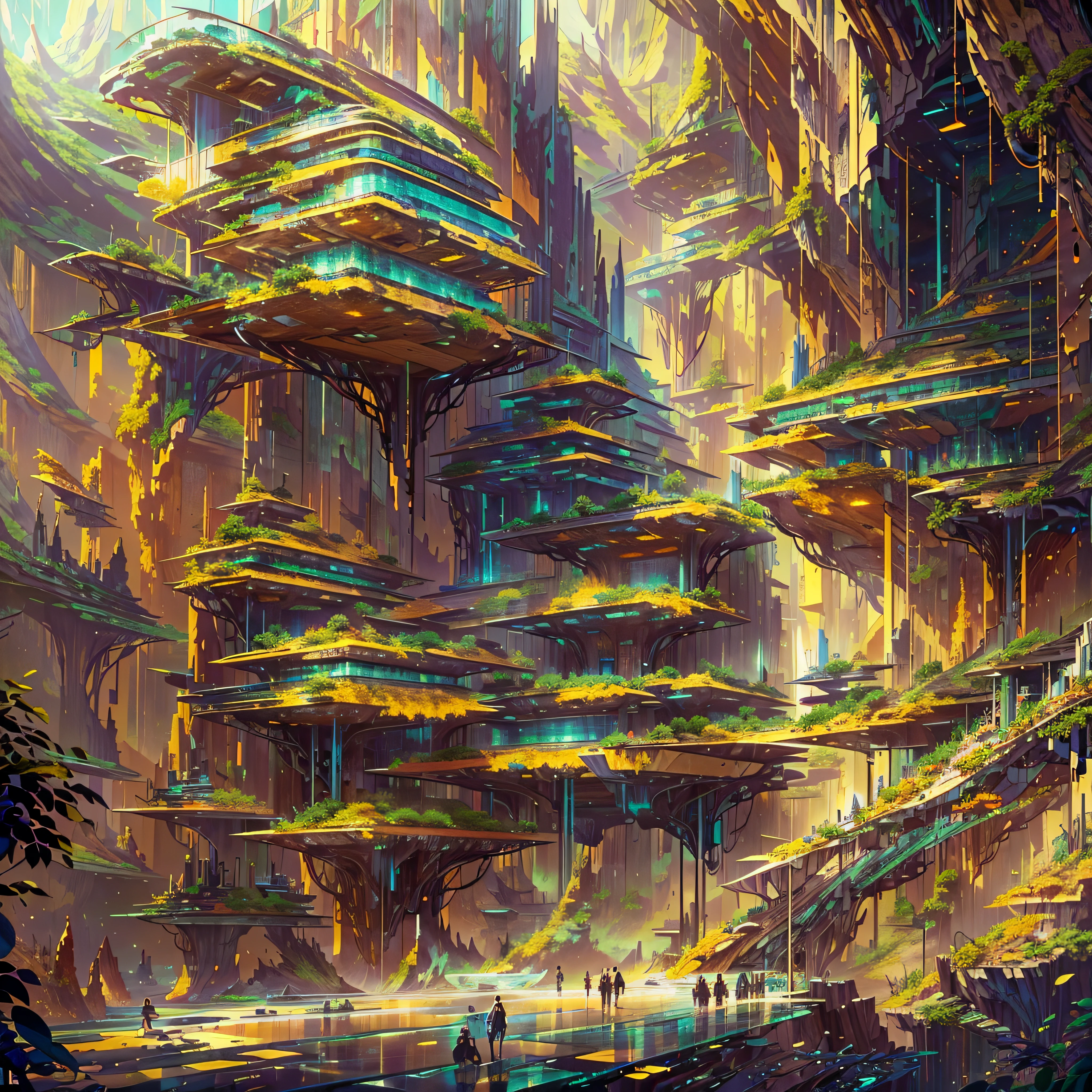 :an awesome sunny cheerful day environment concept art of Futuristic design of cave architecture interiors concept art on grand Canyon caves nature architecture, Proportional,Detailed, Cave Architecture Nature、Meet futuristic architecture on jungle cliffs in the rainforest with giant waterfalls,Crepuscular rays, nature meets modern architecture in the style of Aries Moross, Rem Koolhaas,Daniel Libeskind, Jean Nouvel, Paolo Soleri,Toyo Ito and Philip Johnson、Dry brush drawing style ,Chiaroscuro village,cliff side residential area, mixed development,nature architecture,Bright colors,highrise made up staircases, balconies, full of glass facades,carved from rocks, masutepiece, Proportional, Detailed, Trending on ArtStation, Beautiful lighting, Realistic, Convoluted