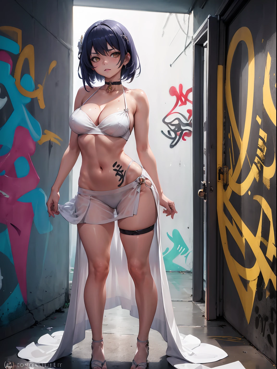 Kujou Sara| genshin impact, master-piece, bestquality, 1girls,25 years old, proportional body, proportional., Wedding Dresses, White Wedding Dress, wedding,Long skirt, mediuml breasts, ,bara, choker, (Graffiti:1.5), Splash with purple lightning pattern., arm behind back, against wall, View viewers from the front., Thigh strap, Head tilt, bored, 10, 10, HD,