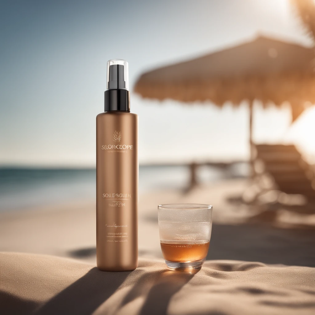 Generate an amazing image of our product 'solitas' with a model. Visualize an elegant bottle of our spray tan in a sunny beach setting. The packaging should reflect quality, modernity, and beauty. Have a model applying the spray tan to showcase its use and effectiveness. Highlight the different available shades of the product to showcase its versatility.