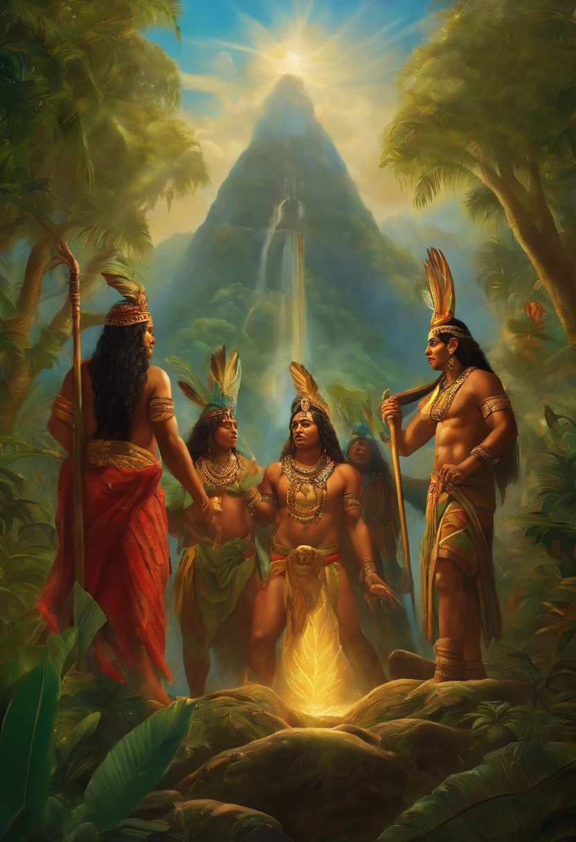 An epic image depicting the Indigenous Gods, em todo o seu esplendor. They're all next to each other, God Tupã in the middle at the top, Ao seus redores, Trees illuminate the scenery with sunlight passing through the leaves, oil paint painting