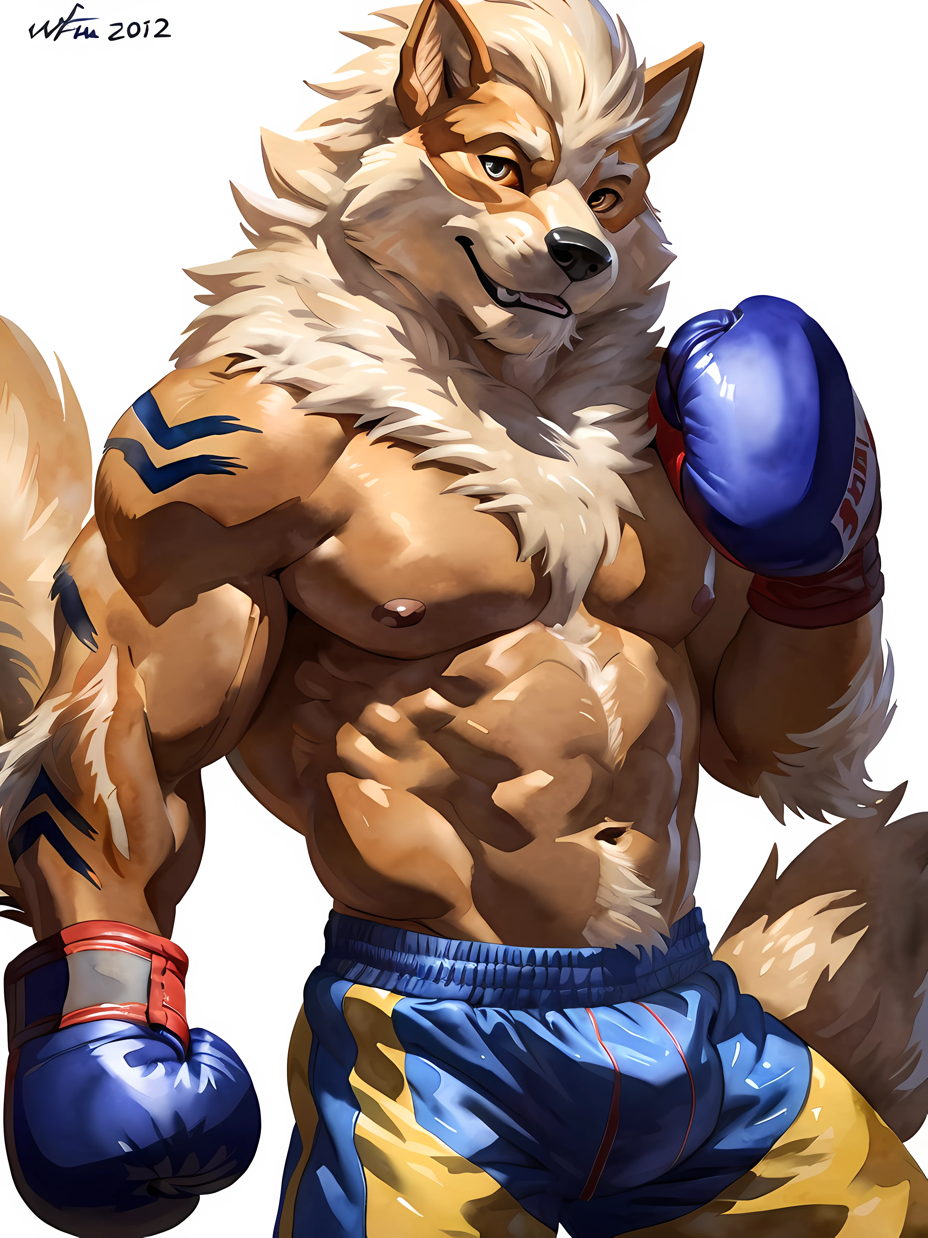 anthro Arcanine, posing for the camera, wearing boxing gloves. 4k, high resolution, best quality, posted on e621, (solo:1.2), anthro body, male, mane, adult, masculine, (athletic, muscular, heavyweight:1.2), correct anatomy, (white background, no background), (by wfa:1.2), (by chunie, by Taran Fiddler:0.8), (detailed eyes:1.2), sexy, (cel shaded:1.2), cartoony shading, (watercolors:1.2), (fluffy tail:1.2), (full body:1.2), cocky smile, single lowered brow, (boxing gloves:1.2), (boxing trunks:1.2), (looking at viewer:1.2), bright eyes, front view