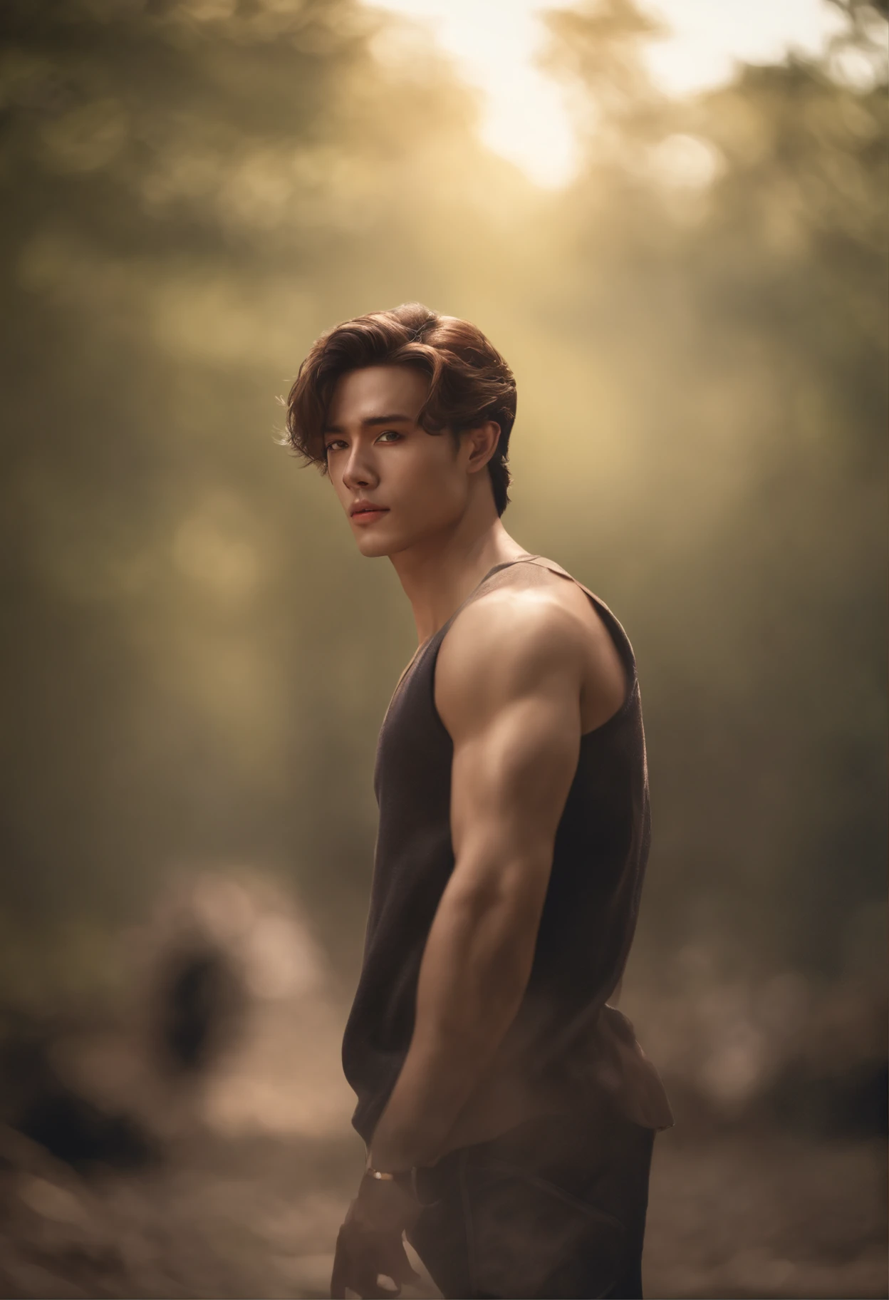 8k, masterpiece, RAW photography, best quality, photorealistic, highly detailed CG unity 8k wallpaper, depth of field, cinematic light, lens flare, ray tracing, (extremely beautiful and charismatic face, beautiful lips, beautiful eyes), intricately detailed face, (ultra detailed skin), 1 man, in nature,beautiful European male, kpop idol, 1 male, (very strong and muscular body:1.3), (looking at audience), (great determined look) :1.3), (sleeveless), (neon signs, blurred background),(people in back:1.3), beautiful earrings, bracelets, necklace, pantyhose, clear eyes, walking, (pale skin), (big eyes), face forward, (upper body shot), (a loose clothing:1.3), (brown hair), (bosh clothing, (transparent), (looking at audience:1.3) very strong ,, turning his back, (back shot), transparent, medium-sized hips.