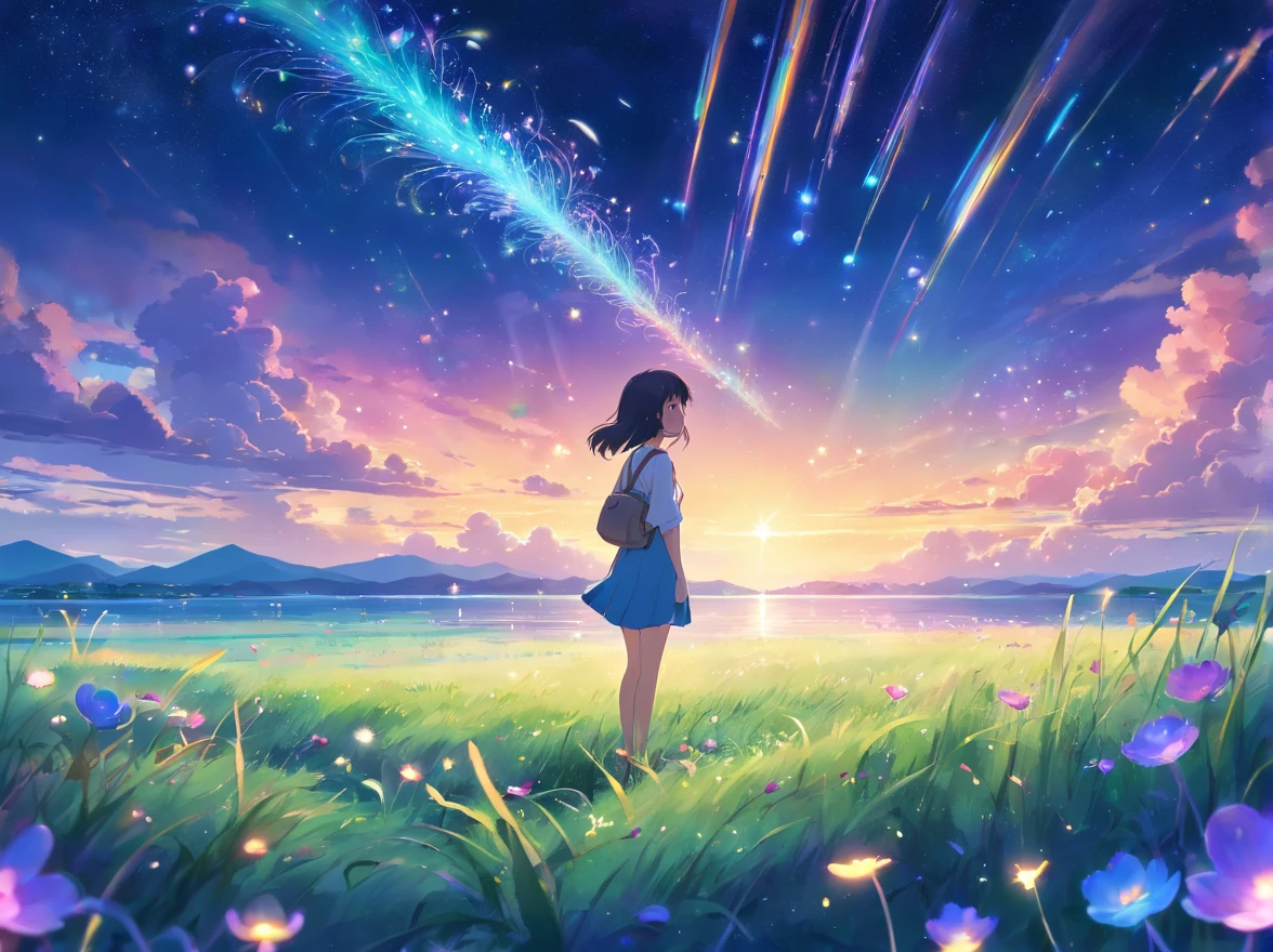 night, vast plain of grass, floating colorful jellyfish, lost of jellyfish floating around, sea of flower, fireflies, (vivid aurora on the sky), stars,colorful constellations,luminous glow,whispering grass,enchanted spectacle,azure night sky,mesmerizing tranquility,illuminated petals,celestial serenity