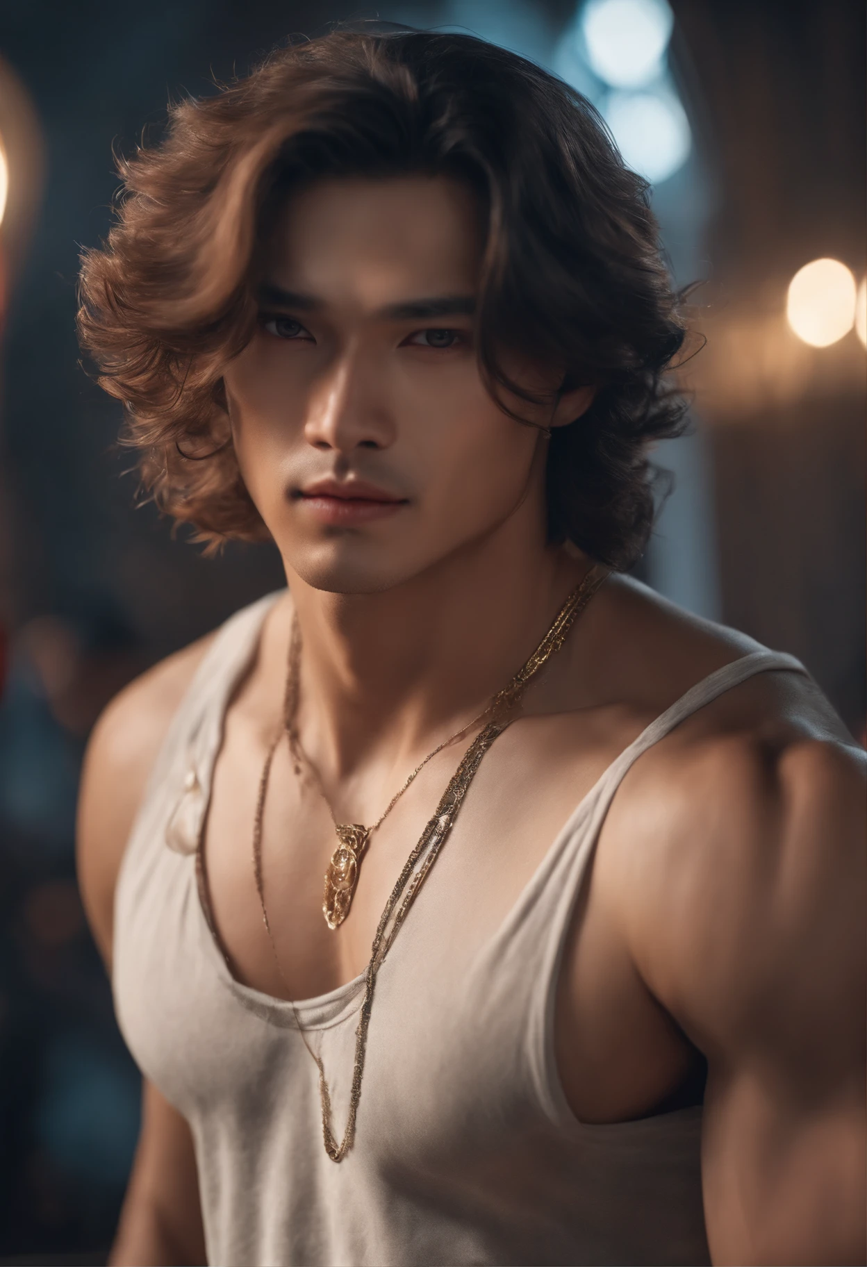 8k, masterpiece, RAW photography, best quality, photorealistic, highly detailed CG unity 8k wallpaper, depth of field, cinematic light, lens flare, ray tracing, (extremely beautiful and charismatic face, beautiful lips, beautiful eyes), intricately detailed face, (ultra detailed skin), 1 man, in nature,beautiful European male, kpop idol, 1 male, (very strong and muscular body:1.3), (looking at audience), (great determined look) :1.3), (sleeveless), (neon signs, blurred background),(people in back:1.3), beautiful earrings, bracelets, necklace, pantyhose, clear eyes, walking, (pale skin), (big eyes), face forward, (upper body shot), (a loose clothing:1.3), (brown hair), (bosh clothing, (transparent), (looking at audience:1.3) very strong ,, turning his back, (back shot), transparent, medium-sized hips.