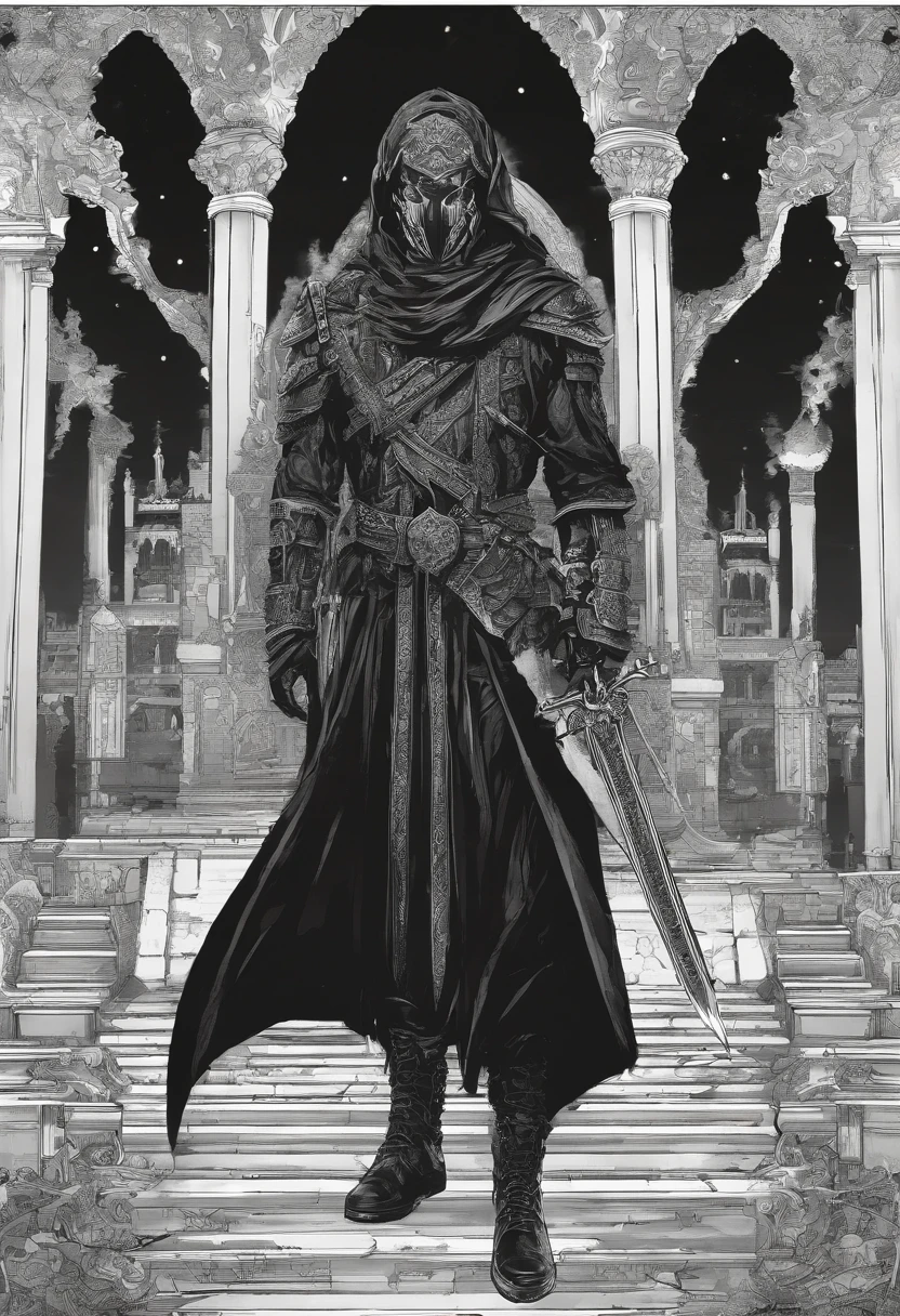 arabic ruler with a scarf on his head, giving order for fight, children scream , women cry, swords, people falling in the ground of war field, futurista con 2 achas divinas en cada mano una parba y pelo largo luchando contra la oscuridad