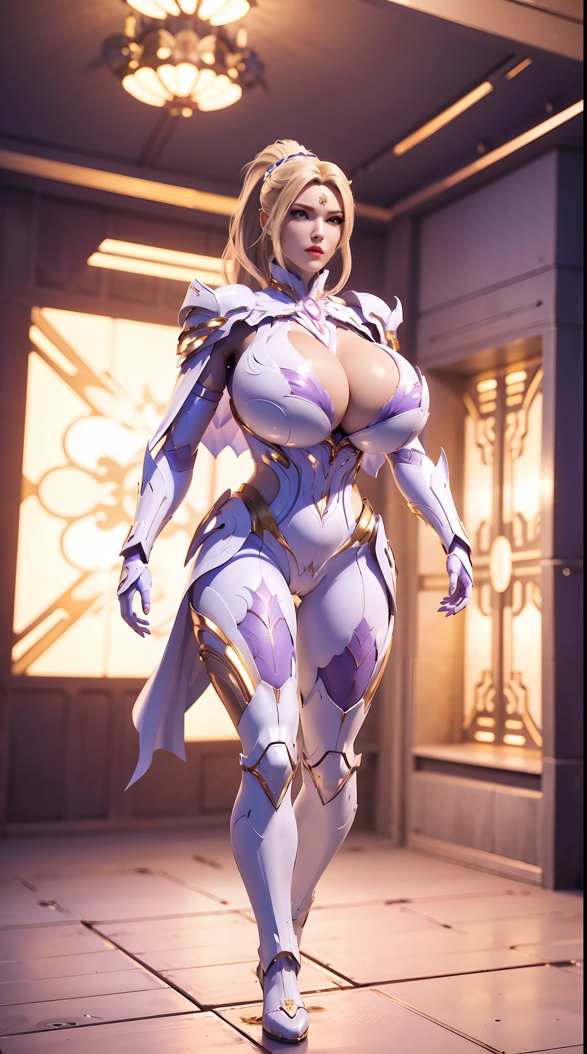 (HAIR ORNAMENT, PONYTAIL), (HUGE FAKE BOOBS:1.3), (WHITE, PURPLE, GOLD), (STREET CITY BACKGROUND), (FUTURISTIC ICE PHOENIX MECHA BODYSUIT, ROYAL CAPE, CLEAVAGE:1.2), (SKINTIGHT YOGA HOTPANTS, HIGH HEELS:1.2), (PERFECT BODY, FULL BODY VIEW:1.5), (LOOKING AT VIEWER), (WALKING DOWN:1.2), MUSCLE ABS:1.3, ULTRA HIGHT DEFINITION, 8K, 1080P.