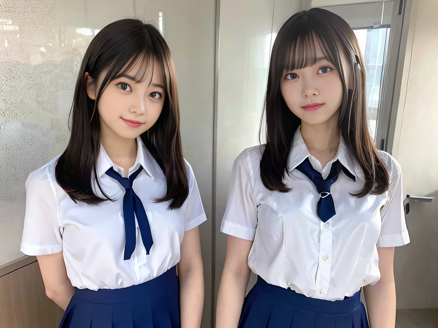 Female duo、23years old, Classroom、high-school uniform:1.2,Dark blue skirt、White Short Sleeve Y-Shirt、shortsleeves、neck tie、Raw feet、beauty legs、Genius genius smile、masutepiece, Random Poses、超A high resolution, (Ecstasy:1.0), 1girl in, (sobbing:1.0), Dark hair, Dramatic Lighting, female dog, Normal-breasted,