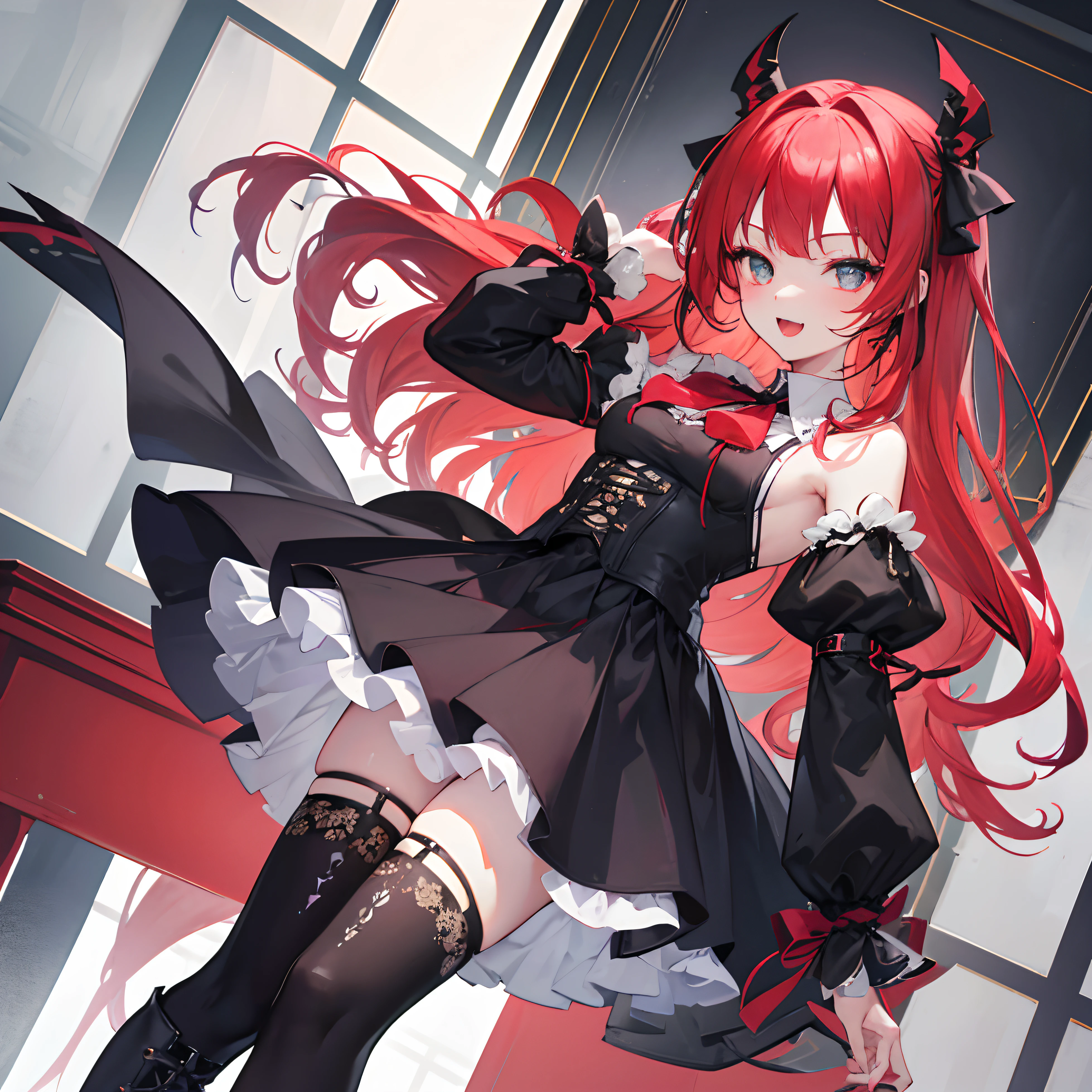 Highly detailed and realistic CG, Colorful, Masterpiece, Best Quality, magnificent, jewel-like eyes, 1girl, solo, li, pee, cute girl, red hair, wavy hair, gothic school uniform, black and white clothes, smile, standing, hand on hair, gothic ribbon, ribbon tie, classroom, small breasts, open mouth, fangs, miniskirt, gothic boots, from front, dutch angle,