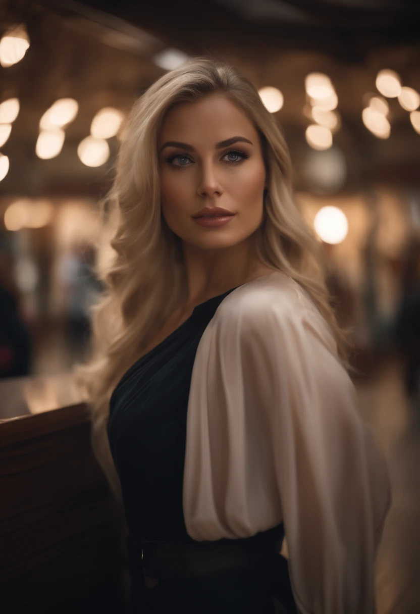 professional, (4k photo:1.1) by (Jeremy Lipking:0.3), (Dittmann Anna:0.3), (Arian Mark:0.3), (Sharp focus:1.3), high detail, wearing (lowcut shirt:1.2), beautiful detailed face, hazel eyes, long blonde hair, (attractive young woman:1.3), (seductive:1.1), (blushing:1.1), hourglass body shape, large round perky breasts, wide thicc hips, in the mall, sexy