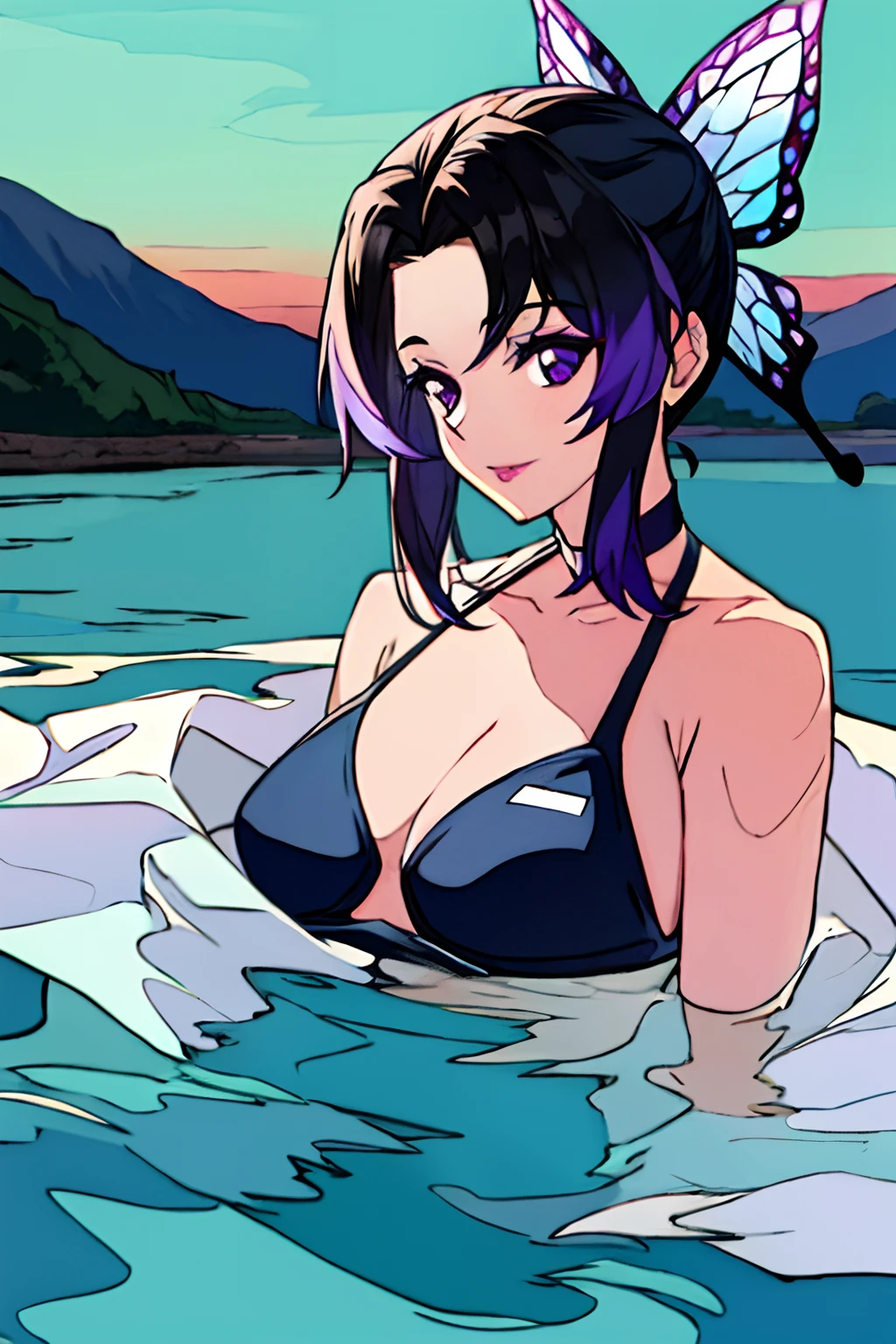 ​master piece, best_quality, super detailing,Flat_Color, 独奏, Kochou_shinobu, Multicolored_hair, hair_intakes, Purple_Eyes, brow, The upper part of the body_full bodyesbian, landscapes, (A smile:0.5), realisitic, Realistic_Lips, shiny_hair, shiny_skin,, riverside, swim wears,