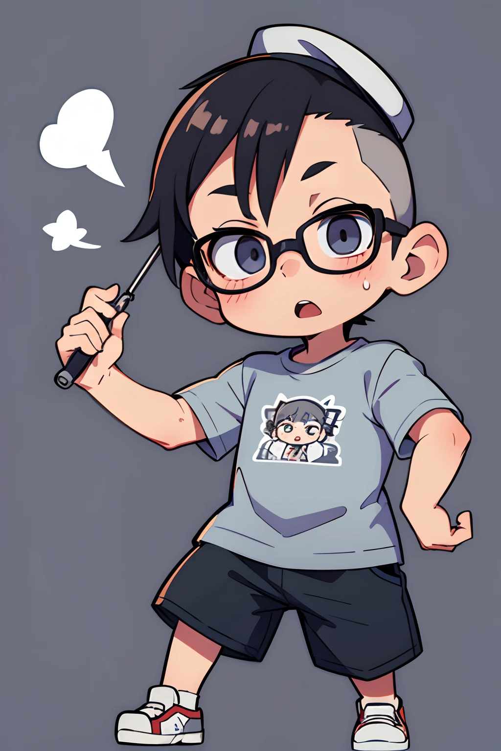 (masterpiece), best quality, expressive eyes, perfect face,1 chibi boy, HE, wearing a glasses, a hat, shocked, hair is not visible, full boy, wearing a gray shirt,semi bald, full body,