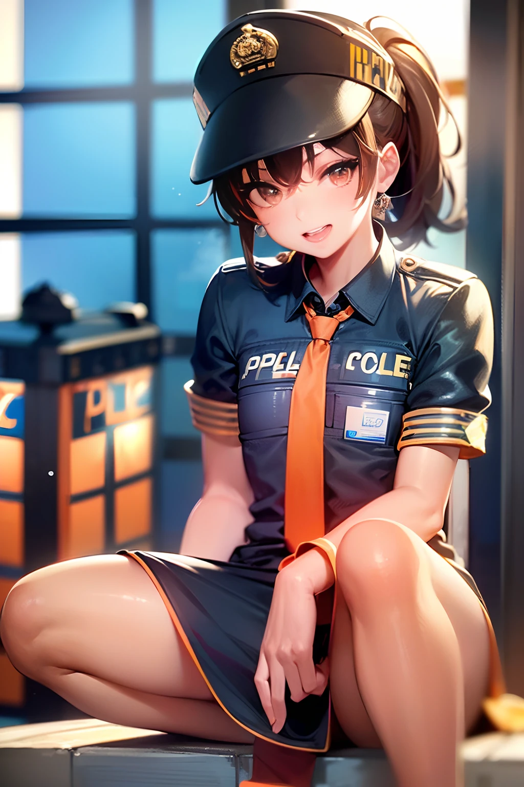 nurse, ((Nurse's costume:1.5)), Anatomically correct body, very detailed face and eyes, ((Kyoto Animation Style)), super precision, masterpiece, very extremely beautiful, Princess Face, Boyish girl, ((Dark hair)), shorth hair, Straight hair, Dark hair, Short ponytail, Black eyes, ((Smaller chest:1.5)), BREAK, ((Plain orange tie:1.5)), cowboy shot, dynamicposes, With smiling eyes, Slightly open mouth, ((police box:1.5)), ((Inside the police box)), frombelow, Latex, sitting on, kawaii faces,