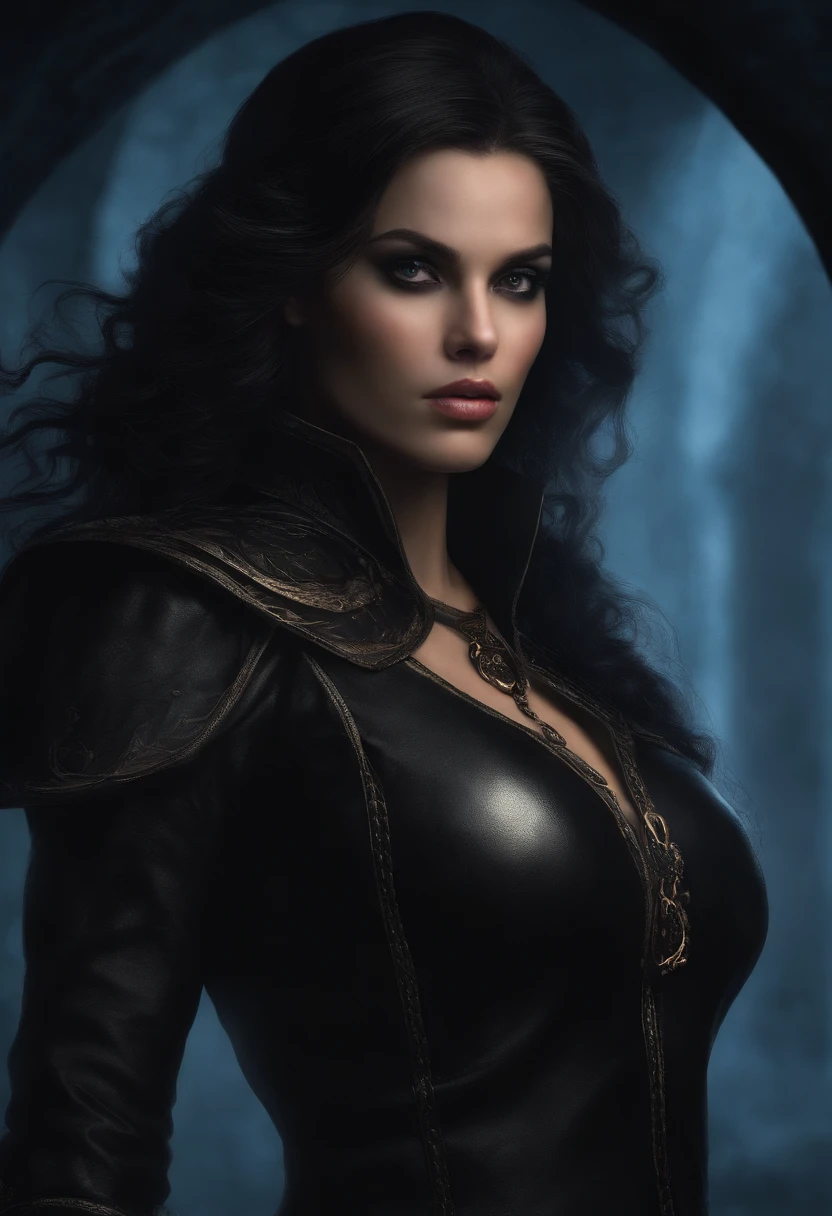 1 Mulher, adulto, Mulher, cabelos pretos, Mulher, olhos finamente detalhados, retrato, olhando para o espectador, sozinho, rosto detalhado, (Horror Sangrento), pale, dark and rough black leather clothing, gothic scenario, discretion, disguised, noite, Sombras, mistborn, (Dutch angle), boca fechada, pele branca palida, morto-vivo, renascido, fantasma, Olhos azuis Brilhantes, olhos brilhantes, OLHOS BRILHANTES LUMINOSOS, homem de cabelo longo preto, cabelo preto, Cabelos longos amarrados, com um olho azul brilhante com veias negras, Use uma jaqueta preta longa, Like a blood hunter, Nas costas, ele carrega uma espada, He is engulfed in flames and is fighting various monsters of the night., encarnando uma dura batalha para proteger Barovia e seus habitantes. Anime dos anos 80 ainda, retro fashion, Dungeon and Dragons Personagem Dark Fantasy Arte Digital Muted Pastel Colors, muted retro colors, CRT TV Screen por Tsukasa Hojo e Toshihiro Kawamoto -