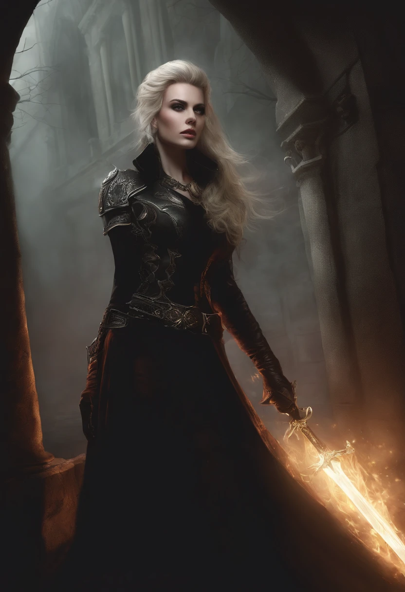 1 Mulher, adulto, Mulher, cabelos pretos, Mulher, olhos finamente detalhados, retrato, olhando para o espectador, sozinho, rosto detalhado, (Horror Sangrento), pale, dark and rough black leather clothing, gothic scenario, discretion, disguised, noite, Sombras, mistborn, (Dutch angle), boca fechada, pele branca palida, morto-vivo, renascido, fantasma, Olhos azuis Brilhantes, olhos brilhantes, OLHOS BRILHANTES LUMINOSOS, homem de cabelo longo preto, cabelo preto, Cabelos longos amarrados, com um olho azul brilhante com veias negras, Use uma jaqueta preta longa, Like a blood hunter, Nas costas, ele carrega uma espada, He is engulfed in flames and is fighting various monsters of the night., encarnando uma dura batalha para proteger Barovia e seus habitantes. Anime dos anos 80 ainda, retro fashion, Dungeon and Dragons Personagem Dark Fantasy Arte Digital Muted Pastel Colors, muted retro colors, CRT TV Screen por Tsukasa Hojo e Toshihiro Kawamoto -