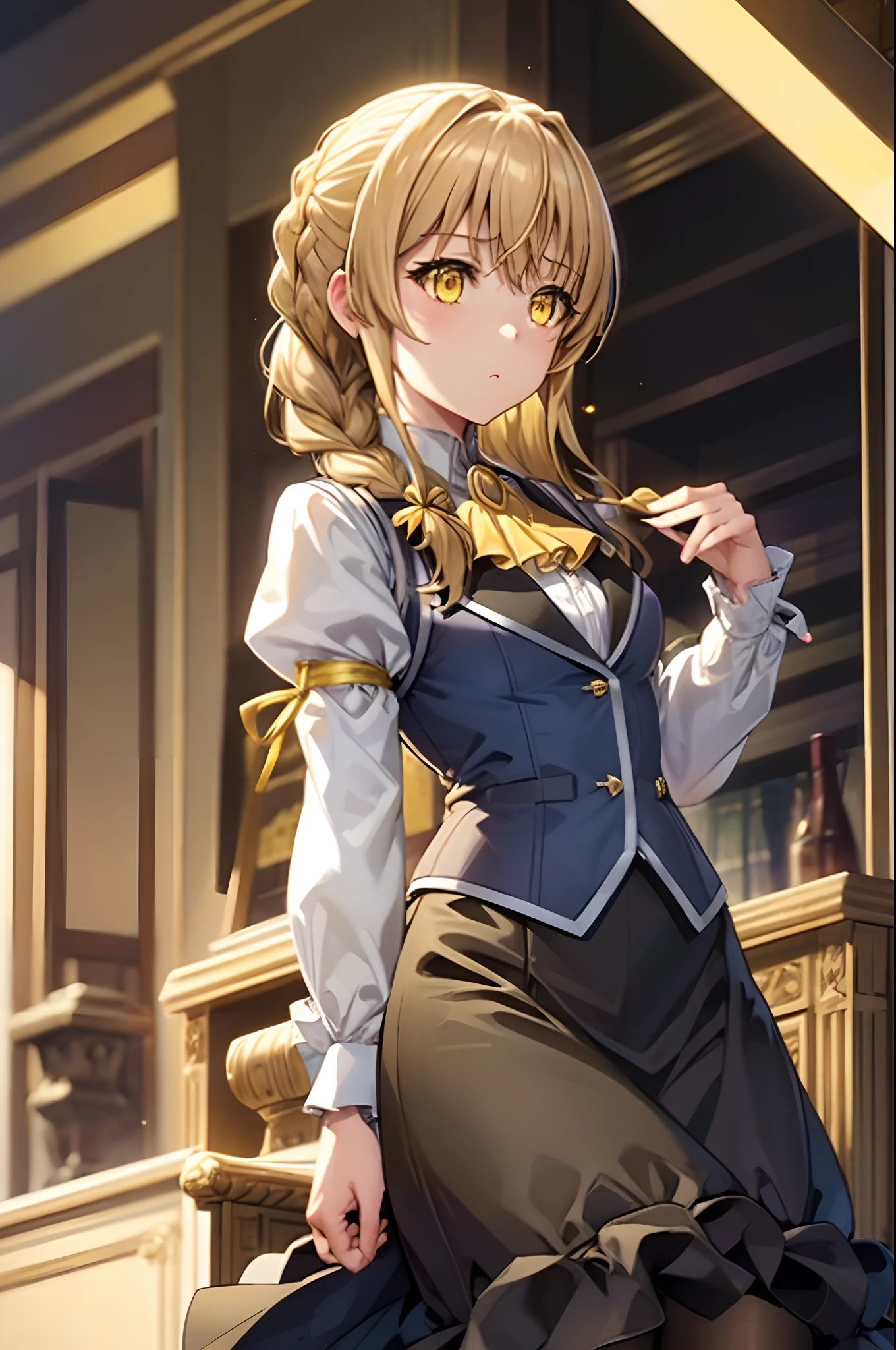 guild girl, long hair, blonde hair, (yellow eyes:1.5), braid, single braid,
skirt, shirt, long sleeves, white shirt, pantyhose, black skirt, vest, long skirt, yellow ribbon, ascot, yellow ascot,