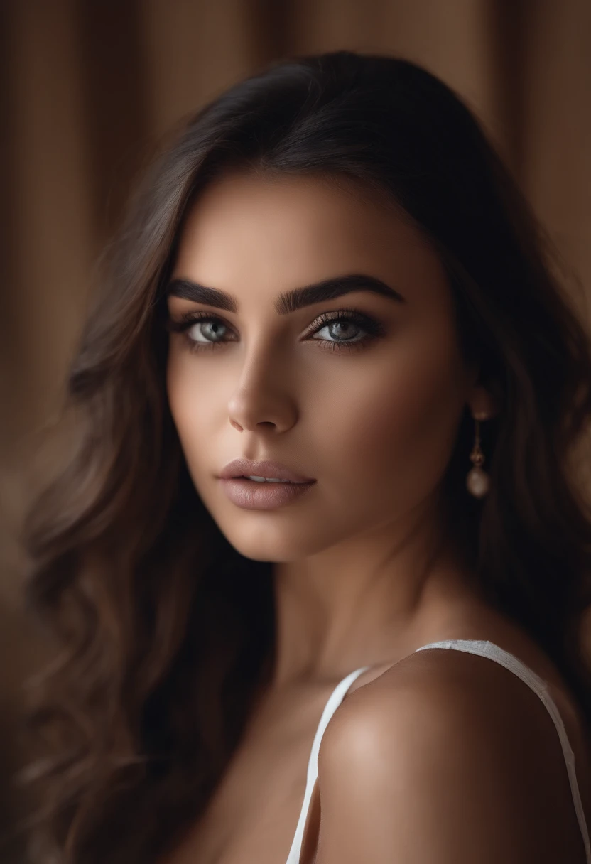 Arafed woman completely , fille sexy aux yeux bruns, ultra realist, Meticulously detailed, Portrait Sophie Mudd, cheveux bruns et grands yeux, selfie of a young woman, Dubai Eyes, Violet Myers, sans maquillage, maquillage naturel, looking straight at camera, Visage avec Artgram, Maquillage subtil, Great photo of the whole body kneeling on the bed, dans la chambre, Medium to large bust, latina