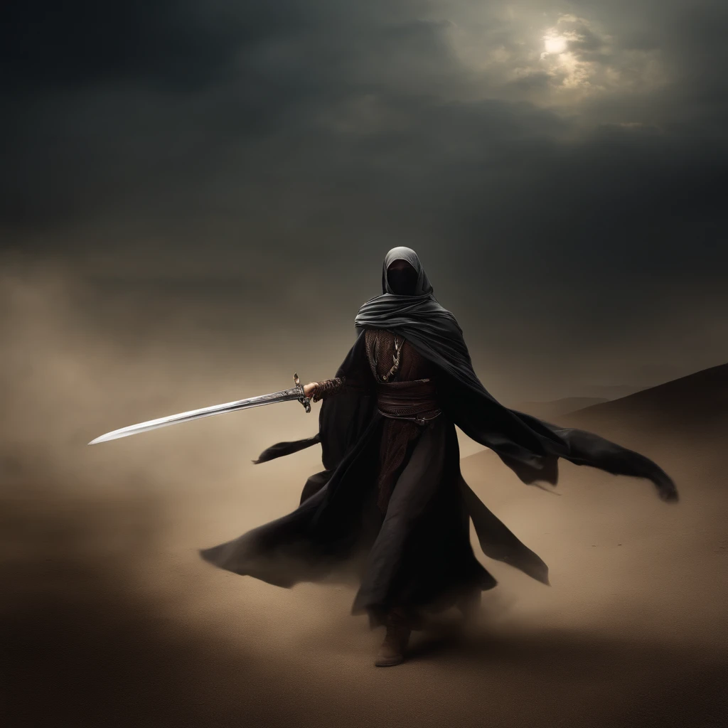 arabic ruler with a scarf on his head, giving order for fight, children scream , women cry, swords, people falling in the ground of war field ,Best quality, Masterpiece, 超高分辨率, (photograph realistic:1.4), surrealism, Dream-like,fusionart, Shadowdancer, shadow magic, darkness control, stealth, shadowstep, umbral spells, hidden blade,