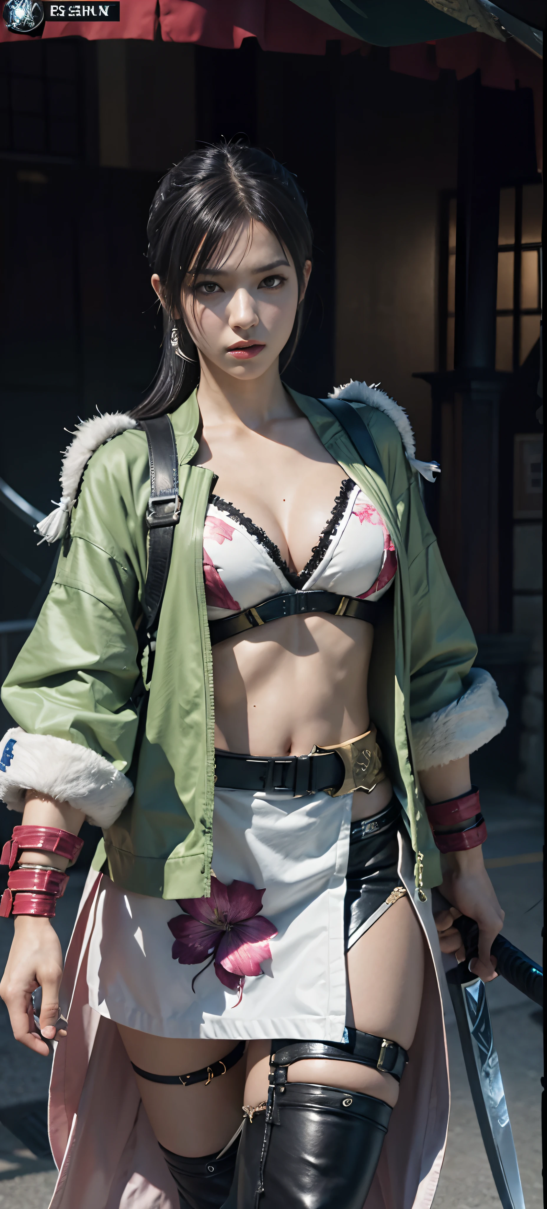 a close up of a person in a costume with a sword, as a character in tekken, female character, tifa lockhart with white hair, katana zero video game character, lunar themed attire, kda, slim body, cyborg - girl with silver hair, upper body avatar, (( medium breast;1.2)), fashion gameplay screenshot, fighting game character, new character, floralpunk elysian maiden, sigma female