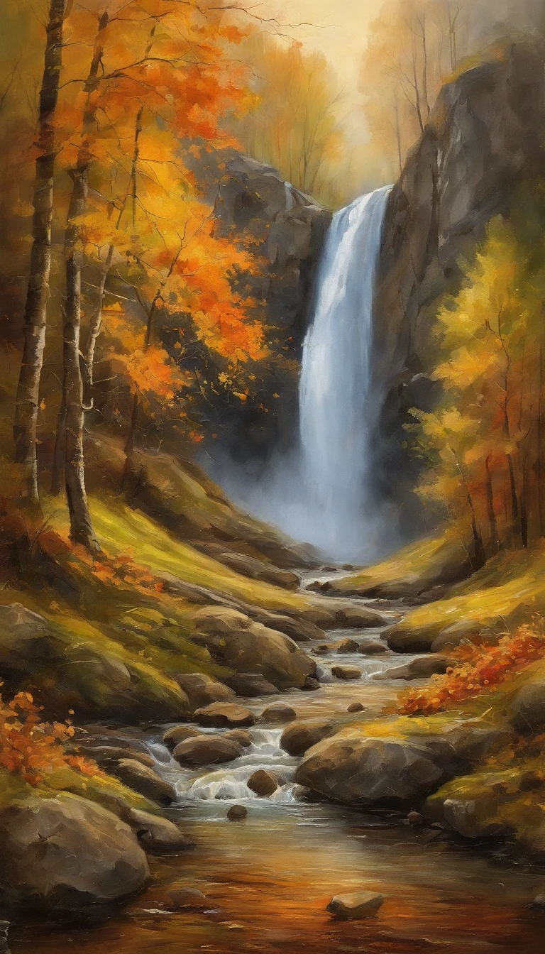 In the style of Ferdinand Georg Waldmüller,Ultra-Weitwinkel,Beautiful view of autumn,Bergfrühling,Wasserfall,Wolkennebel,Herbstlaub,Fallen leaves all over the ground,oc gerendert,High quality,8K,superfein,hyperrealistisch,Ultra-Foto-Realisim,35-mm-Kameraobjektiv,ultra - detailliert