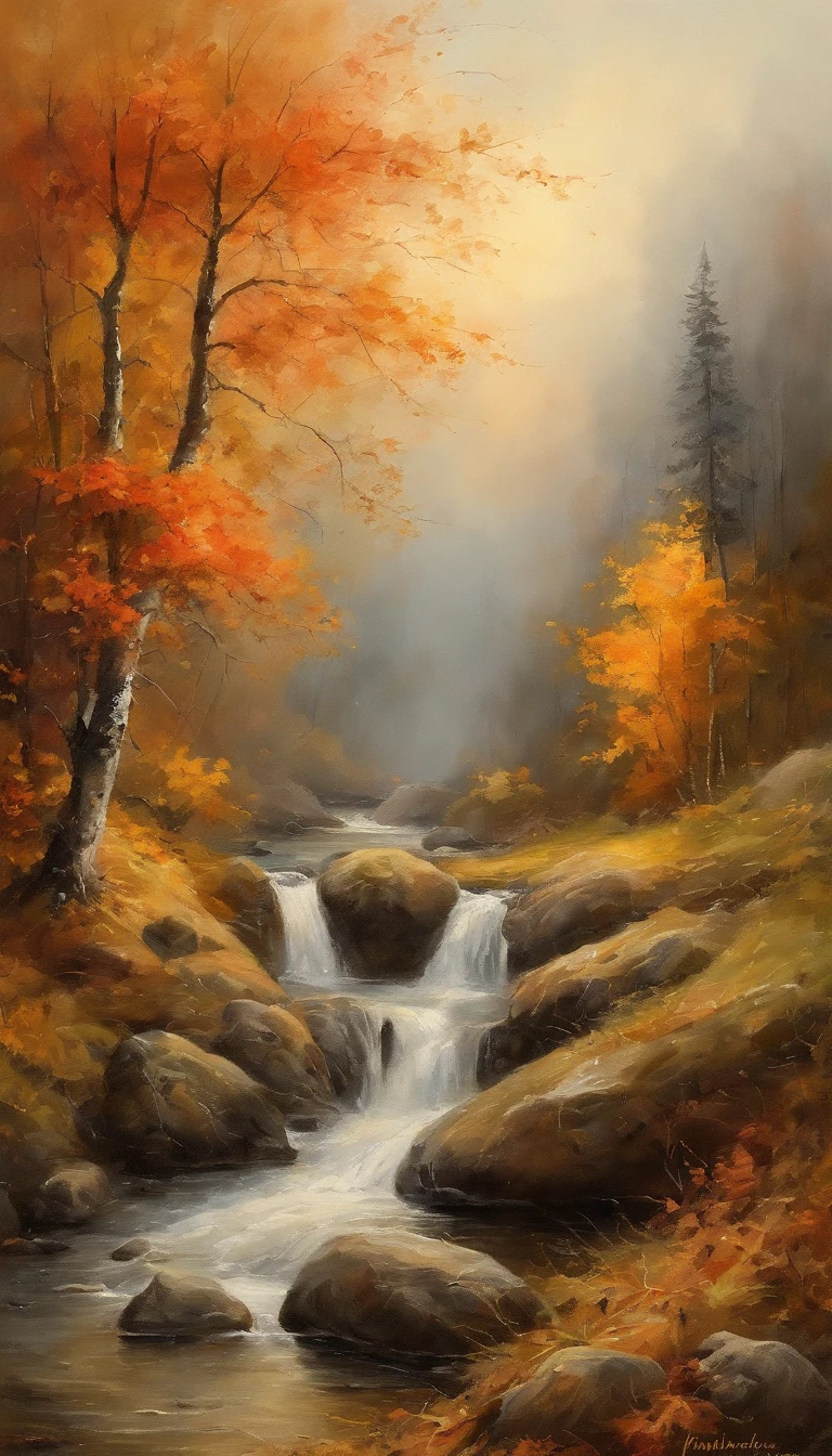 In the style of Ferdinand Georg Waldmüller,Ultra-Weitwinkel,Beautiful view of autumn,Bergfrühling,Wasserfall,Wolkennebel,Herbstlaub,Fallen leaves all over the ground,oc gerendert,High quality,8K,superfein,hyperrealistisch,Ultra-Foto-Realisim,35-mm-Kameraobjektiv,ultra - detailliert