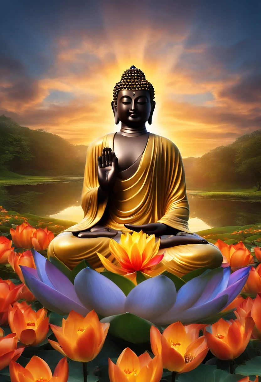 "Generate a realistic depiction of Buddha with a golden aura around him with a very bright divine light descending from heaven and illuminating Buddha in its entirety, sitting on a giant lotus flower symmetrical in the colors of the rainbow, It is in the middle of a garden with many flowers and colors, com flores coloridas ao redor e luz suave iluminando seu rosto." High Definition Image, detalhamento alto e estilo fotorrealismo. Imagem com pelo menos 300 dpi, UHD 8k