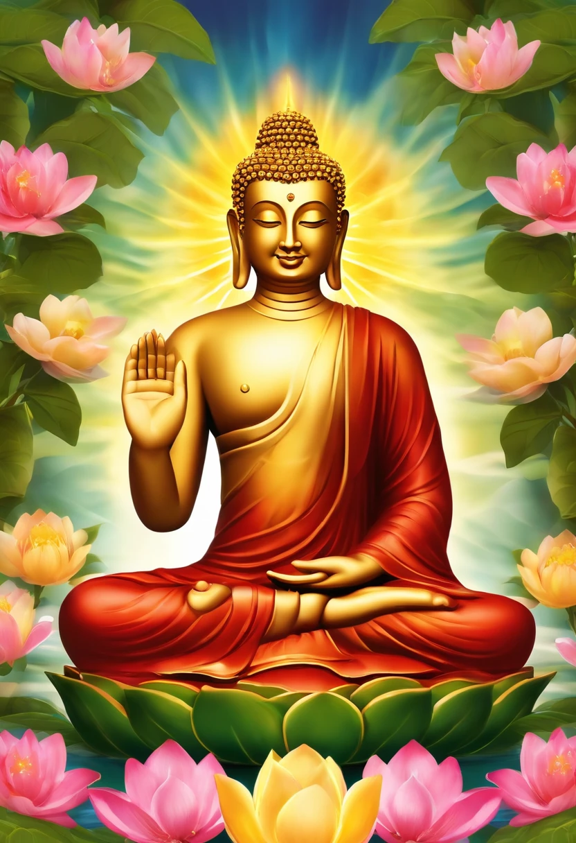 "Generate a realistic depiction of Buddha with a golden aura around him with a very bright divine light descending from heaven and illuminating Buddha in its entirety, sitting on a giant lotus flower symmetrical in the colors of the rainbow, It is in the middle of a garden with many flowers and colors, com flores coloridas ao redor e luz suave iluminando seu rosto." High Definition Image, detalhamento alto e estilo fotorrealismo. Imagem com pelo menos 300 dpi, UHD 8k