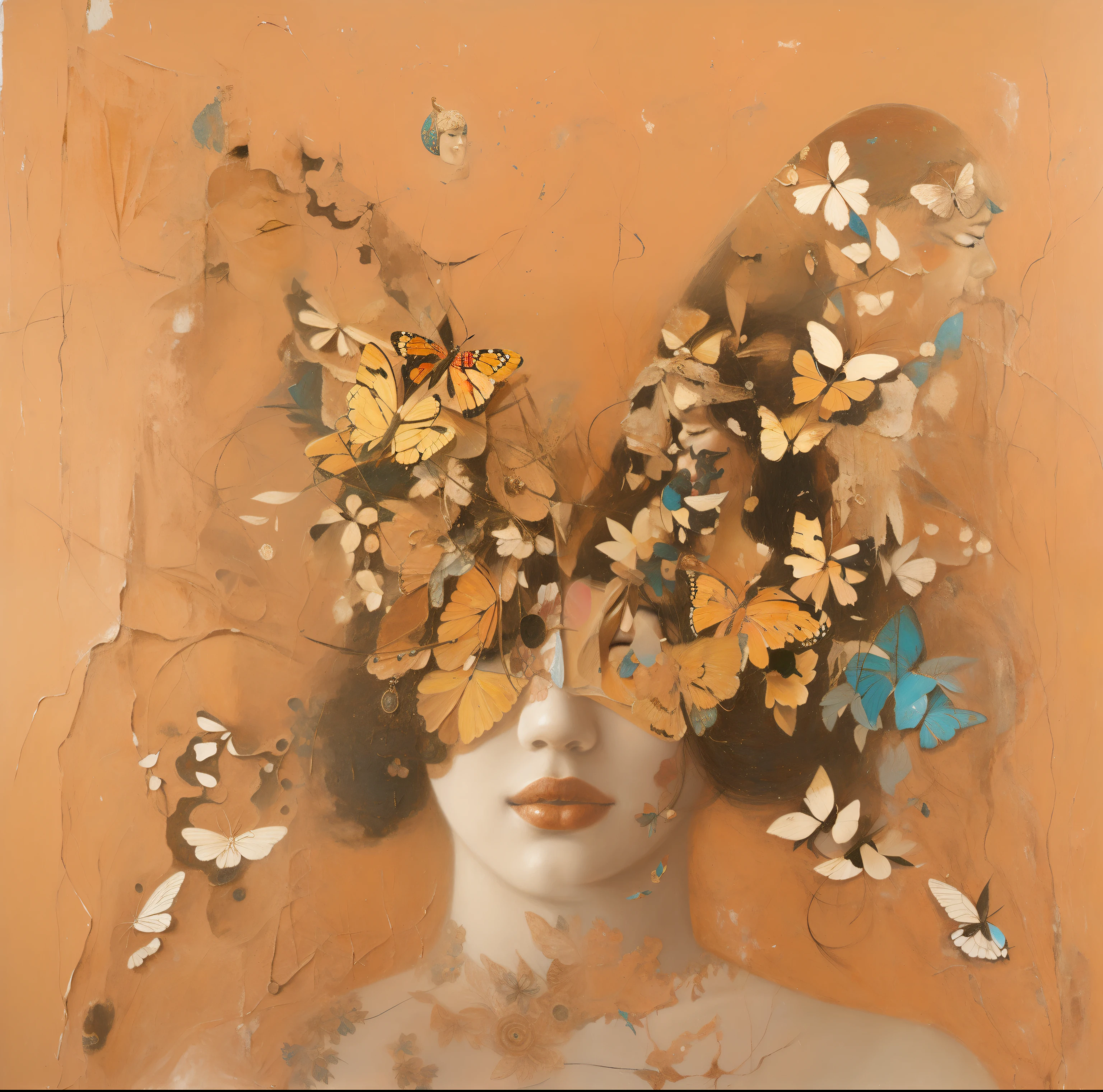 Painting of a woman with a butterfly mask on her head, Jonathan Yeo Pintura, Adriano Borda, rosto coberto de mariposas, mixed media with claymorphism, intricate oil painting artwork, arte shin jinyoung, Painting in mixed media, Directed by: Itshak Holtz, Meio-mulher Meio-borboleta, feito de flores secas, arte figurativa altamente conceitual, Retrato de uma fada