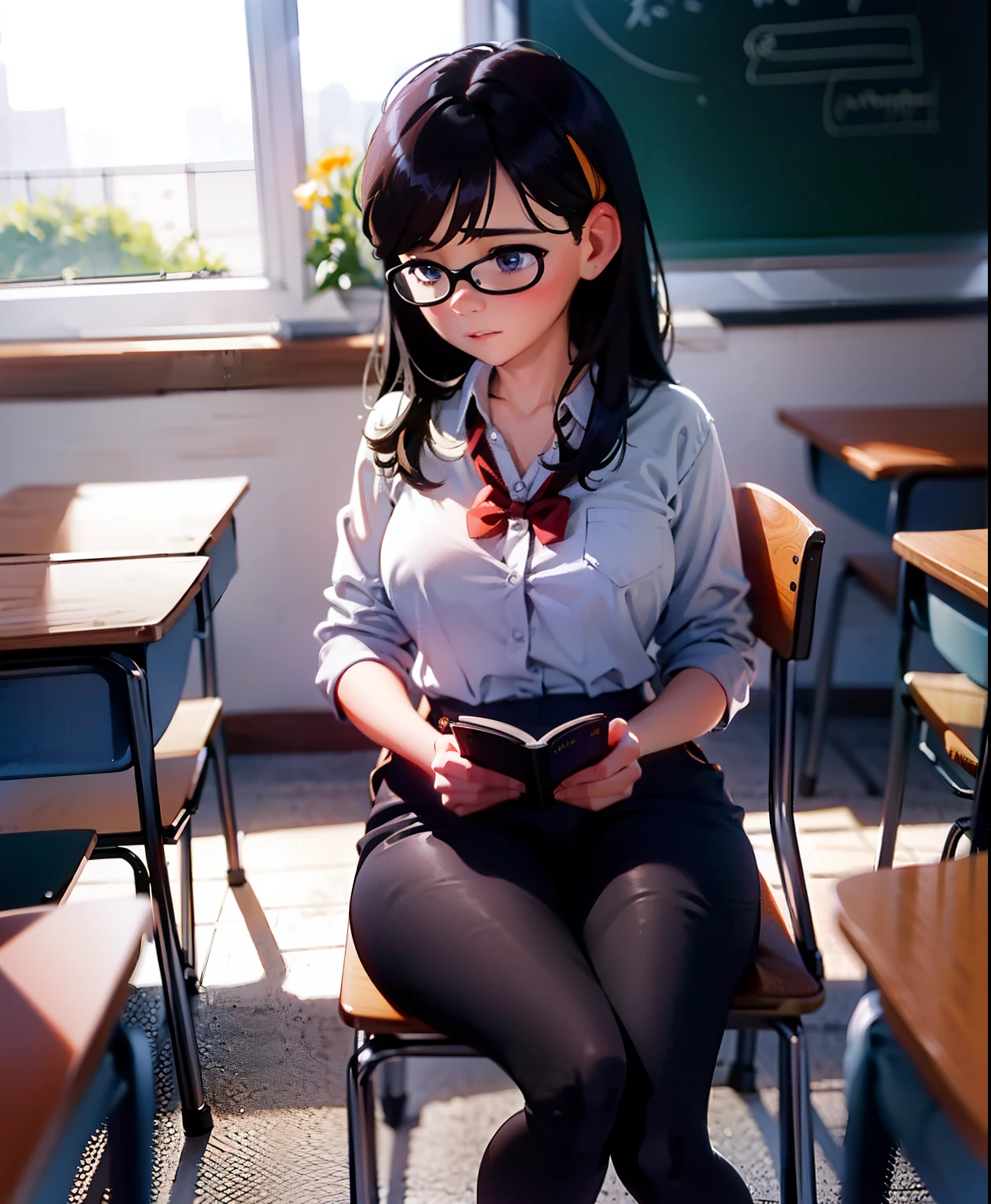 (best quality,highres),thick,shy girl sitting in a classroom, in school uniform, beautiful detailed eyes and face, long eyelashes, pensive expression, diligently doing school work. Crisp focus on the girl, capturing her intricate features and the fine details of her face. Soft lighting illuminates the classroom, creating a serene and tranquil atmosphere. The girl's thick figure is accentuated by the way she sits, exuding a gentle presence. The artwork exhibits a realistic style, with vivid colors and a warm color palette that adds depth to the scene. The girl's shy demeanor is complemented by her posture, slightly hunched over her books, immersed in her studies. The classroom is filled with academic paraphernalia, including textbooks, papers, and a chalkboard in the background, emphasizing the educational setting. Overall, the artwork portrays a peaceful moment of a self-conscious girl engrossed in her studies, inviting viewers to appreciate the beauty of academia and the individuality of each student, super thick, revealing clothes, hentai pic, giant ass, young 20 of age,