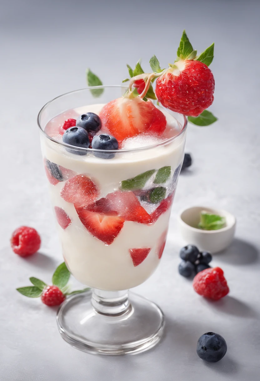 (Magical Photo:1.3) of (Realistic:1.3),(Energetic:1.3) product photography of a strawberries falling into a glass of milk, splash, intricate, epic,(by Artist RHADS:1.3),Highly Detailed,(Provia:1.3)