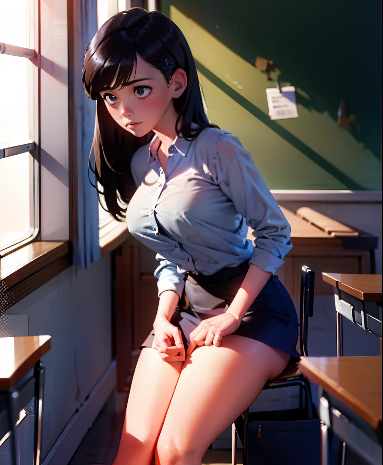 (best quality,highres),thick,shy girl sitting in a classroom, in school uniform, beautiful detailed eyes and face, long eyelashes, pensive expression, diligently doing school work. Crisp focus on the girl, capturing her intricate features and the fine details of her face. Soft lighting illuminates the classroom, creating a serene and tranquil atmosphere. The girl's thick figure is accentuated by the way she sits, exuding a gentle presence. The artwork exhibits a realistic style, with vivid colors and a warm color palette that adds depth to the scene. The girl's shy demeanor is complemented by her posture, slightly hunched over her books, immersed in her studies. The classroom is filled with academic paraphernalia, including textbooks, papers, and a chalkboard in the background, emphasizing the educational setting. Overall, the artwork portrays a peaceful moment of a self-conscious girl engrossed in her studies, inviting viewers to appreciate the beauty of academia and the individuality of each student, super thick, revealing clothes, hentai pic, giant ass, young 20 of age,