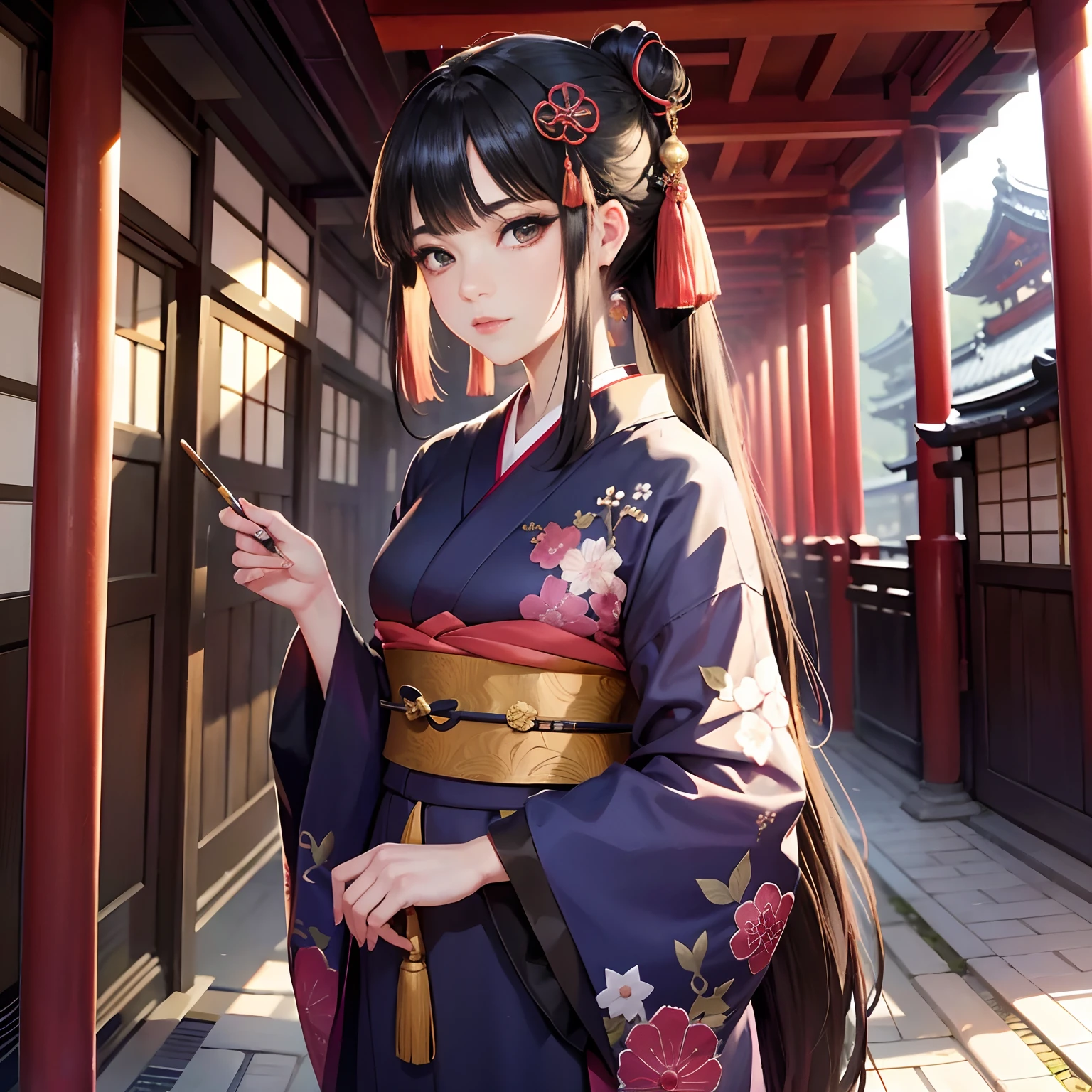 Cyberpunk style,BRAEK,Background of details(Temples and shrines in Kyoto(with no people)),BREAK,elaborate costume{Luxury kimono(Colorful kimono(detailed embroidery,))}、1womanl(Japanese actressl:1.2)(face perfect:1.2),Depicting a beautiful and classy adult woman,glossy dark hair(poneyTail),Heart in the eye, Wallpapers 16K,Blur the background with a sickle,((masutepiece)), ((Best Quality)),{{a portrait photo of}},full body Esbian