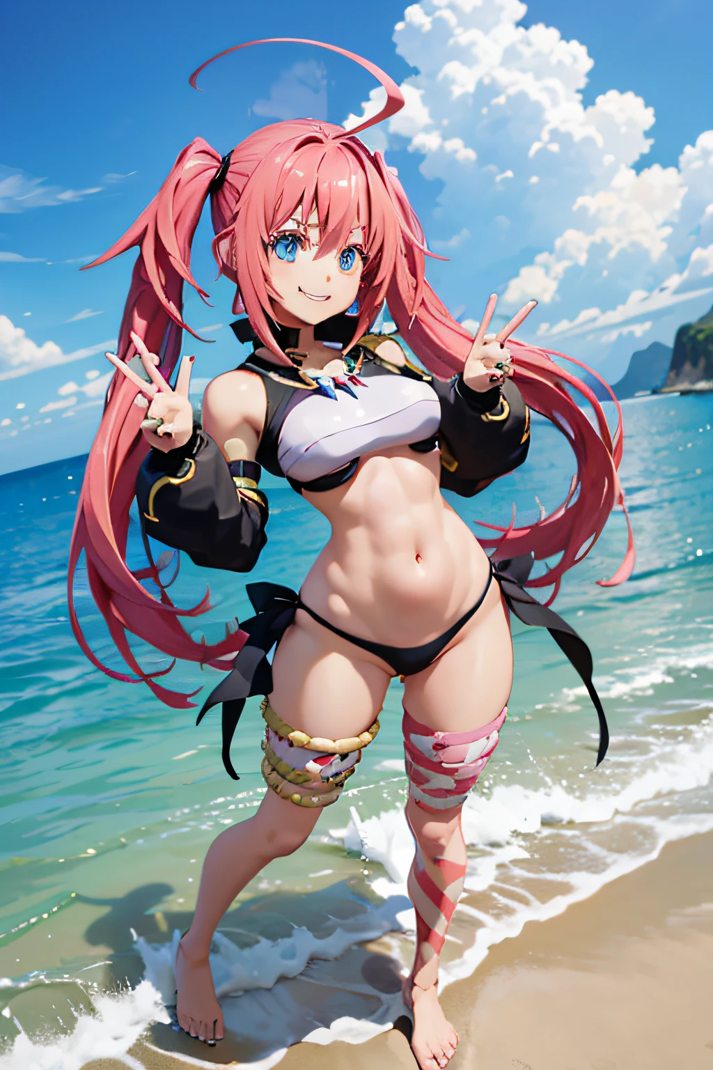 1Female、Tensei shitara slime datta ken(((Milim Nava))), King Lord demon、Milim Nava's masterpiece body、High Quality Bikini Armor、Black bikini armor、Accurate Milim Face、blue eyes、gaze evil、pink hair、two-tailed、Proud double tails、barefoot, medium feet, rounded toes ultra quality, ultra detailed, rounded nails painted in ultra detailed black nail polish、Average breasts、one smile、huge smile、big ahoge, full body photo, muscular belly, on the beach, ultra detailed and realistic legs, ultra detailed face, perfect scenery, doing fighting position