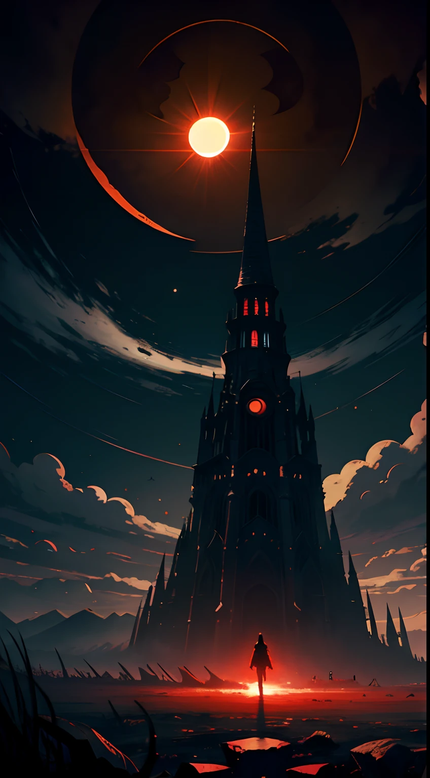 (masterpiece), best quality, ( a scary dark tower:1), apocalypse, (eclipse:1.3), landscape, dark atmosphere, dark fantasy style, dynamic angle,wind, fish eye efect, epic emotions, cool, badas, red and black, hellsih landscape, dark, (epic:1), no_humans, cinematic,vivid colors, 4k, professional image, award winner image, ultra detailed, gorgeous