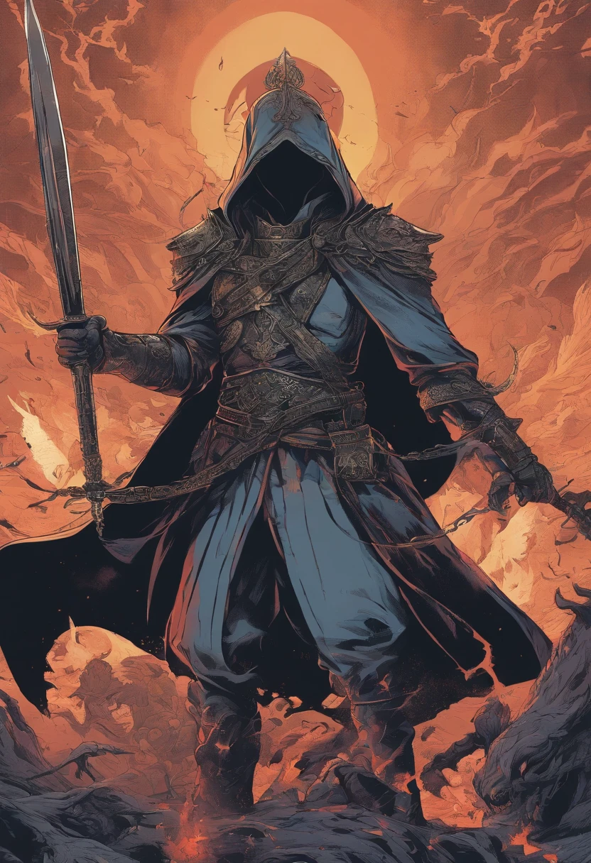 Arabic ruler with a scarf on his head, giving order for fight, children scream , women cry, swords, people falling in the ground of war field Man with long black hair, black hair, Long hair tied up, with one bright blue eye with black veins, Wear a long black jacket, Like a blood hunter, On his back, he carries a sword, He is engulfed in flames and is fighting various monsters of the night., embodying a tough battle to protect Barovia and its inhabitants. Anime from the 80s still, retro fashion, Dungeon and Dragons Character Dark Fantasy Digital Art Muted Pastel Colors, muted retro colors, CRT TV Screen by Tsukasa Hojo and Toshihiro Kawamoto -