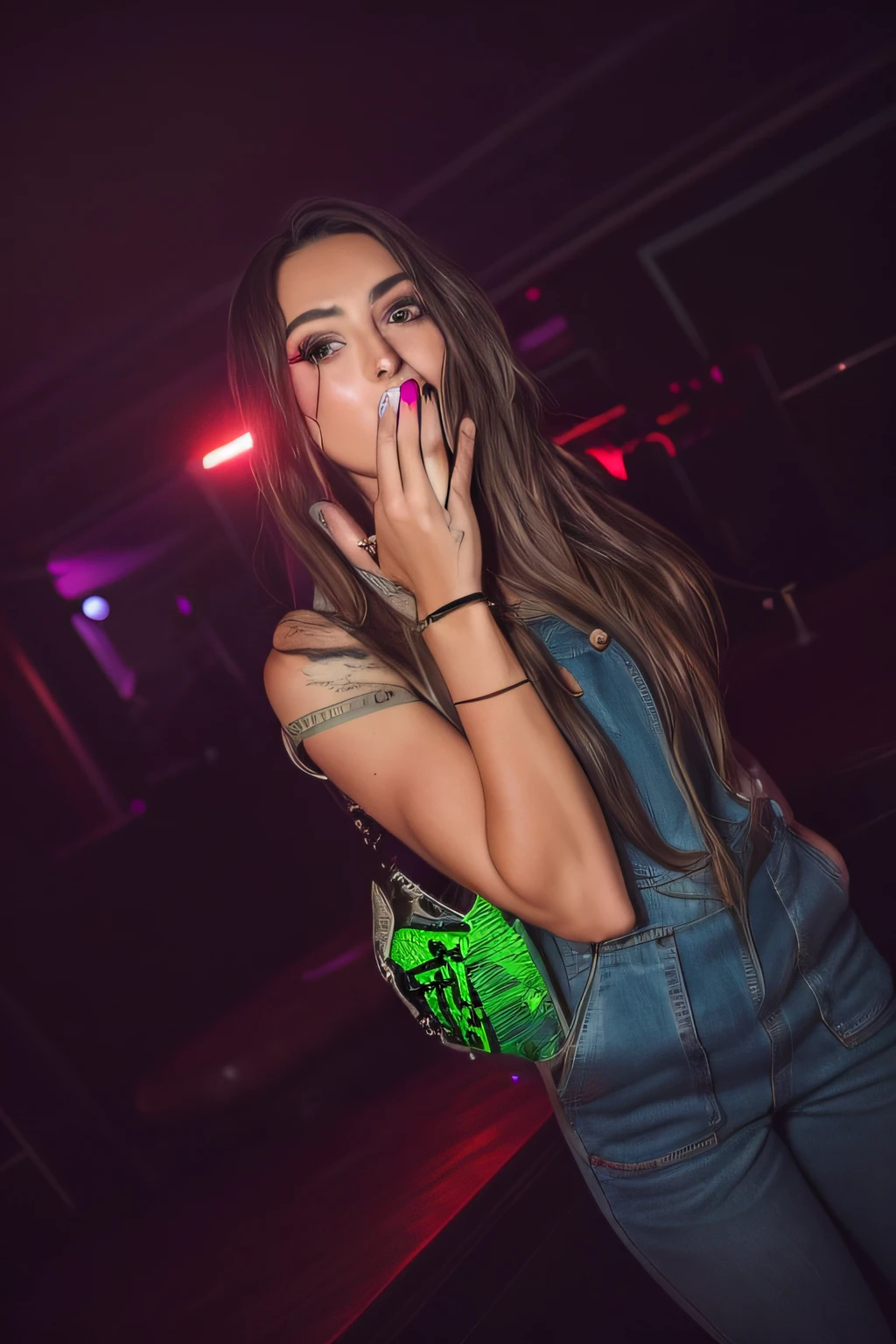 Araffe woman in overalls standing in a dark room with one hand over her mouth, Tomada en club nocturno, en una discoteca, bailando de fondo, Mano sobre la boca, humo saliendo de su boca, 8K 50mm ISO 10, girl drinks monster energy, shot on nikon z9, hands behind her pose!