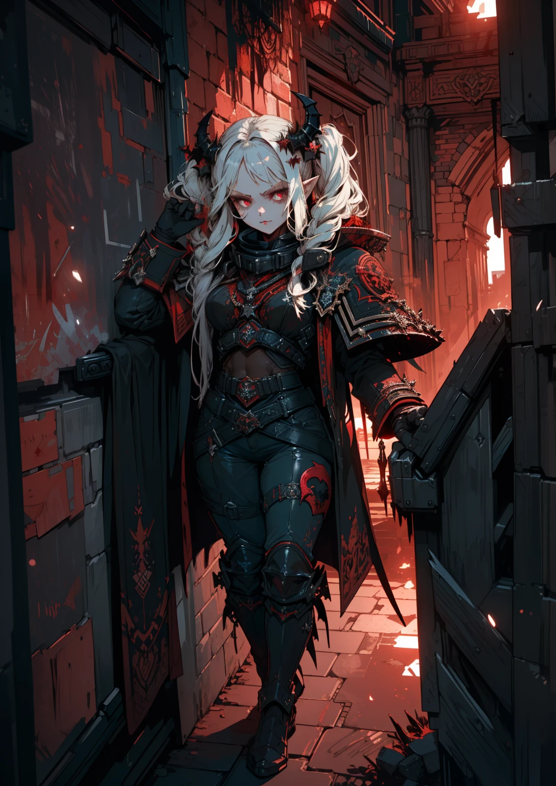 ((masterpiece, best quality, extremely detailed CG, unity 8k wallpaper,anatomically correct,ultra resolution)),Award-winning photography,(best illumination,Very Delicate and Beautiful),(one girl,solo,****:1.5),(Vampire:1.45),silver hair,(twintails:1.2),(glowing red eyes:1.25),(pale skin:1.45),(extremely beautiful and detailed face:1.2), (extremely beautiful and detailed eyes:1.2),perfect hands,delicate legs,((bat hair ornament)),(fashion style,death atmosphere),pointy ears,skinny,((black leather long coat:1.4, ,black leather pants:1.2,black capelet,black leather shoes,black leather gloves,poped collar)),looking at viewer,menacing,(holding dagger:1.3),head tilt,dark persona,evil,(cute:1.5),((night, dark atmosphere, dark theme, darkness:1.5,dynamic angle)),dramatic shadows,(dimly lit:1.5),blood on face,blood on floor, blood on walls,(blood mist,blood splash:1.4),depth of field,(devil city:1.3),hell flames,(perfect human body structure with maximum precision)